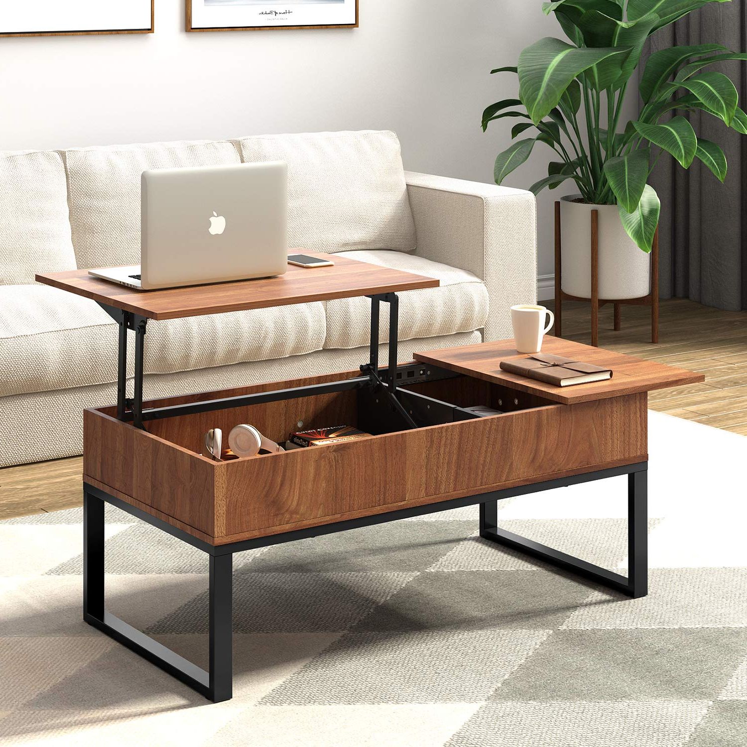 Lift Top Coffee Tables With Hidden Storage Compartments Regarding Famous Wlive Wood Coffee Table With Adjustable Lift Top Table, Metal Frame (Photo 8 of 15)