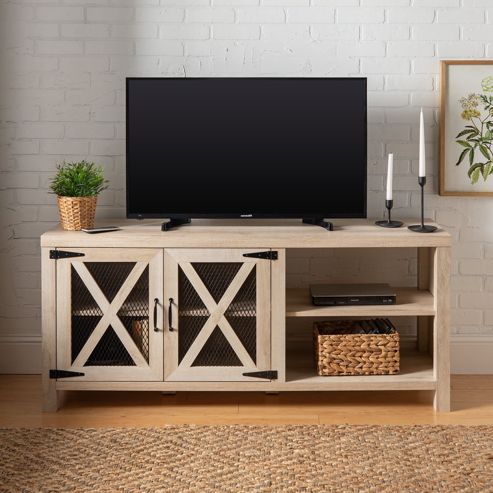 Manor Park Industrial Farmhouse Tv Stand For Tvs Up To 64" – White Oak Intended For Most Recently Released Farmhouse Tv Stands (View 3 of 15)