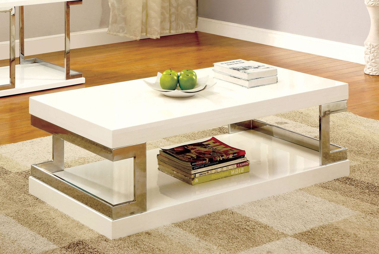 Messina Contemporary White Gloss Chrome Coffee Table With Latest Glossy Finished Metal Coffee Tables (View 9 of 15)