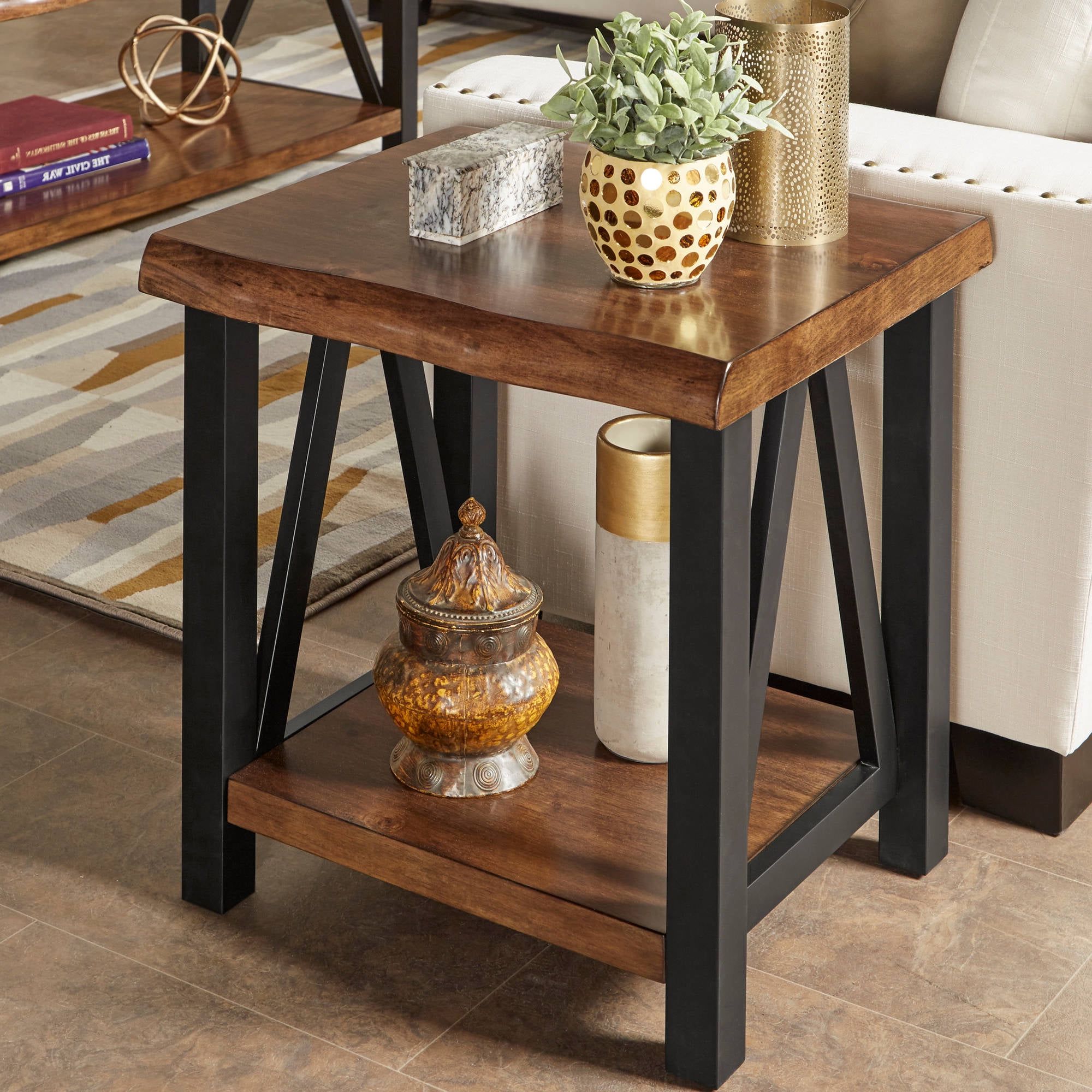Metal Side Tables For Living Spaces Throughout Well Known Weston Home Rustic Metal Base End Table With Natural Edge Table Top And (View 2 of 15)