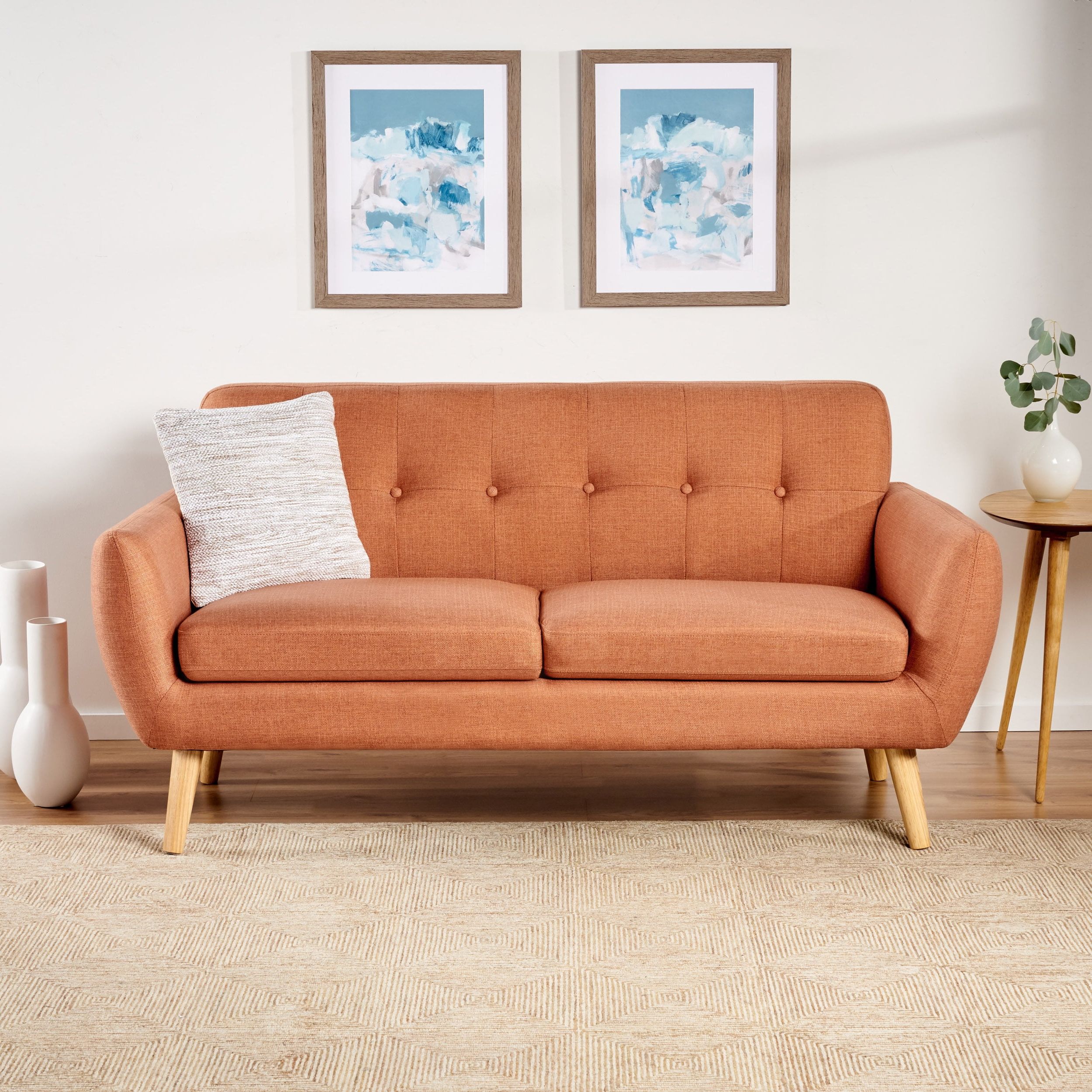 Mid Century Modern Sofas Regarding Famous Noble House Abitha Fabric Tufted Sofa, Burnt Orange, Natural Oak (Photo 9 of 15)
