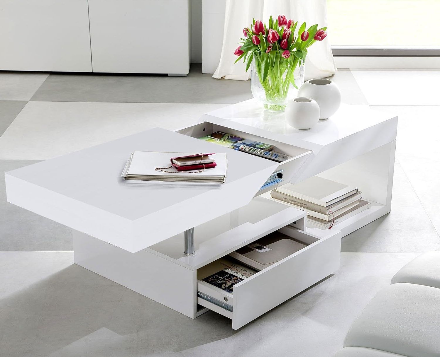 Modanuvo 'hope' Modern White High Gloss Extending Storage Coffee Table With Latest High Gloss Lift Top Coffee Tables (View 3 of 15)