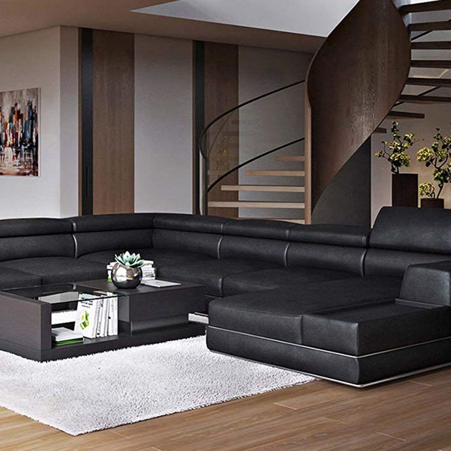 Modern Black Leather Sectional Sofa Living Room Couch Sleek Throughout Preferred Right Facing Black Sofas (View 8 of 15)