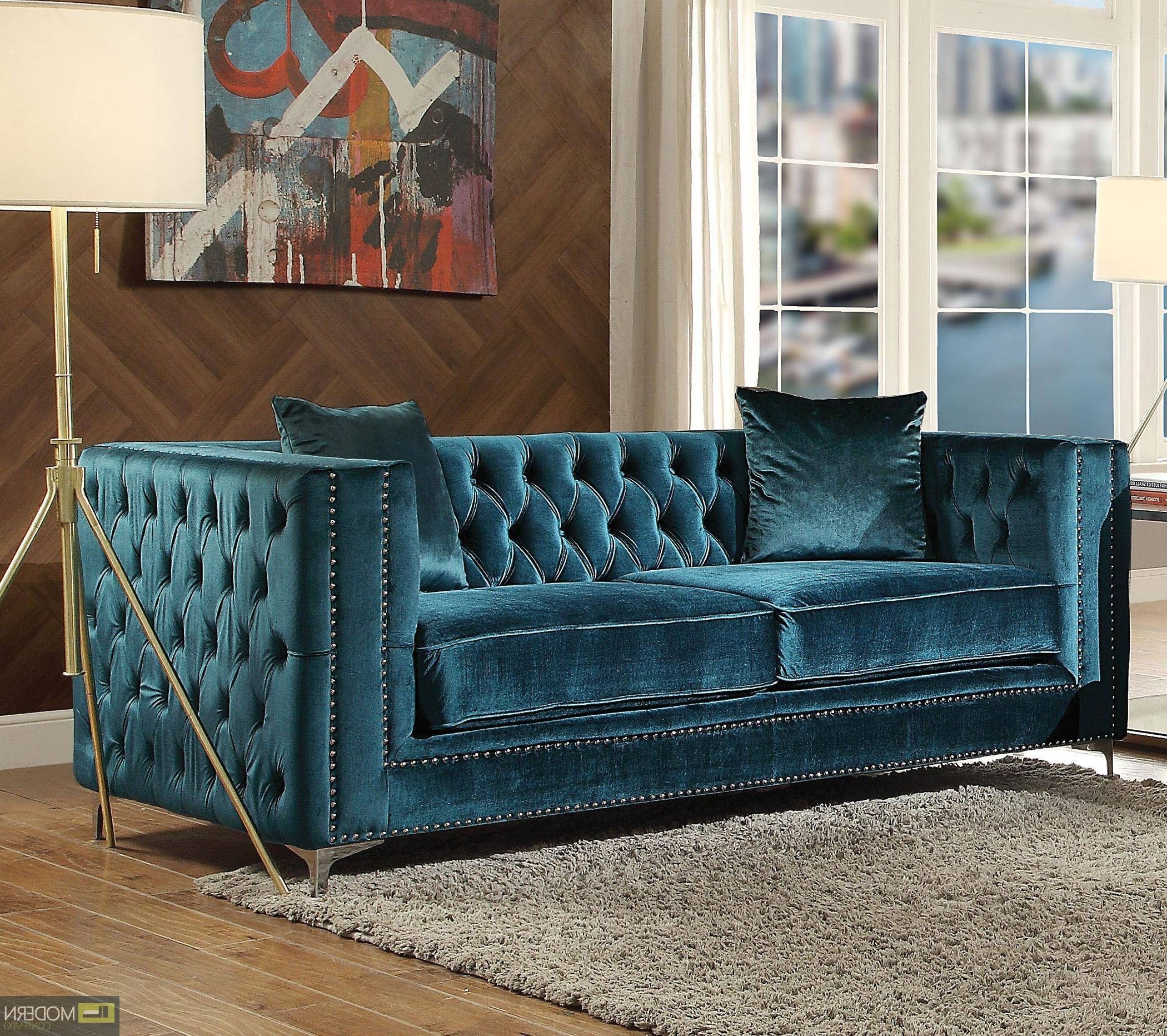Modern Contempo – Valleria Dark Teal Velvet Sofa & Loveseat Living Room Set In Well Liked Modern Velvet Sofa Recliners With Storage (View 3 of 15)