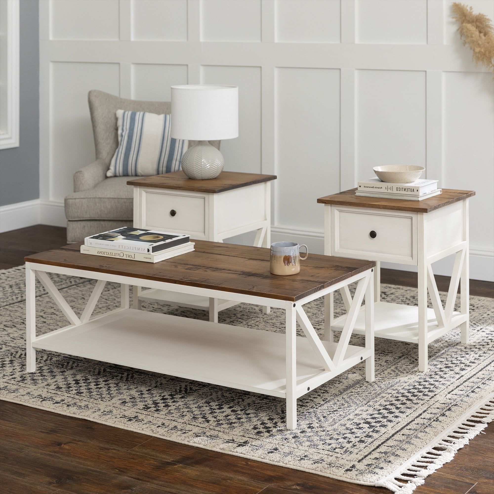 Modern Farmhouse Coffee Table Sets Intended For Most Popular Modern Farmhouse Accent Table Set, Distressed White – Walmart (Photo 5 of 15)