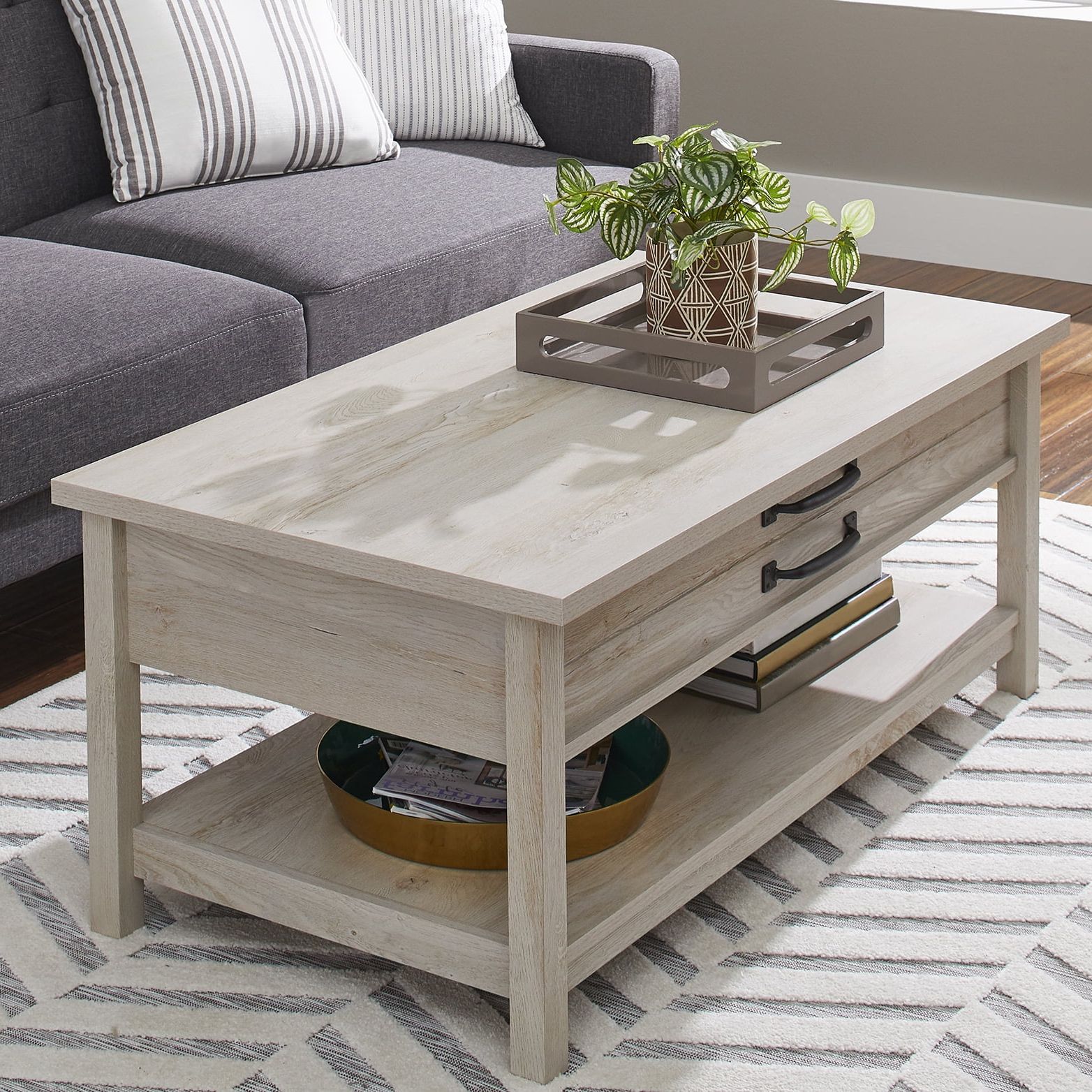 Modern Farmhouse Coffee Tables Inside Fashionable Modern Farmhouse Rectangle Lift Top Coffee Table, Rustic White Finish (View 5 of 15)