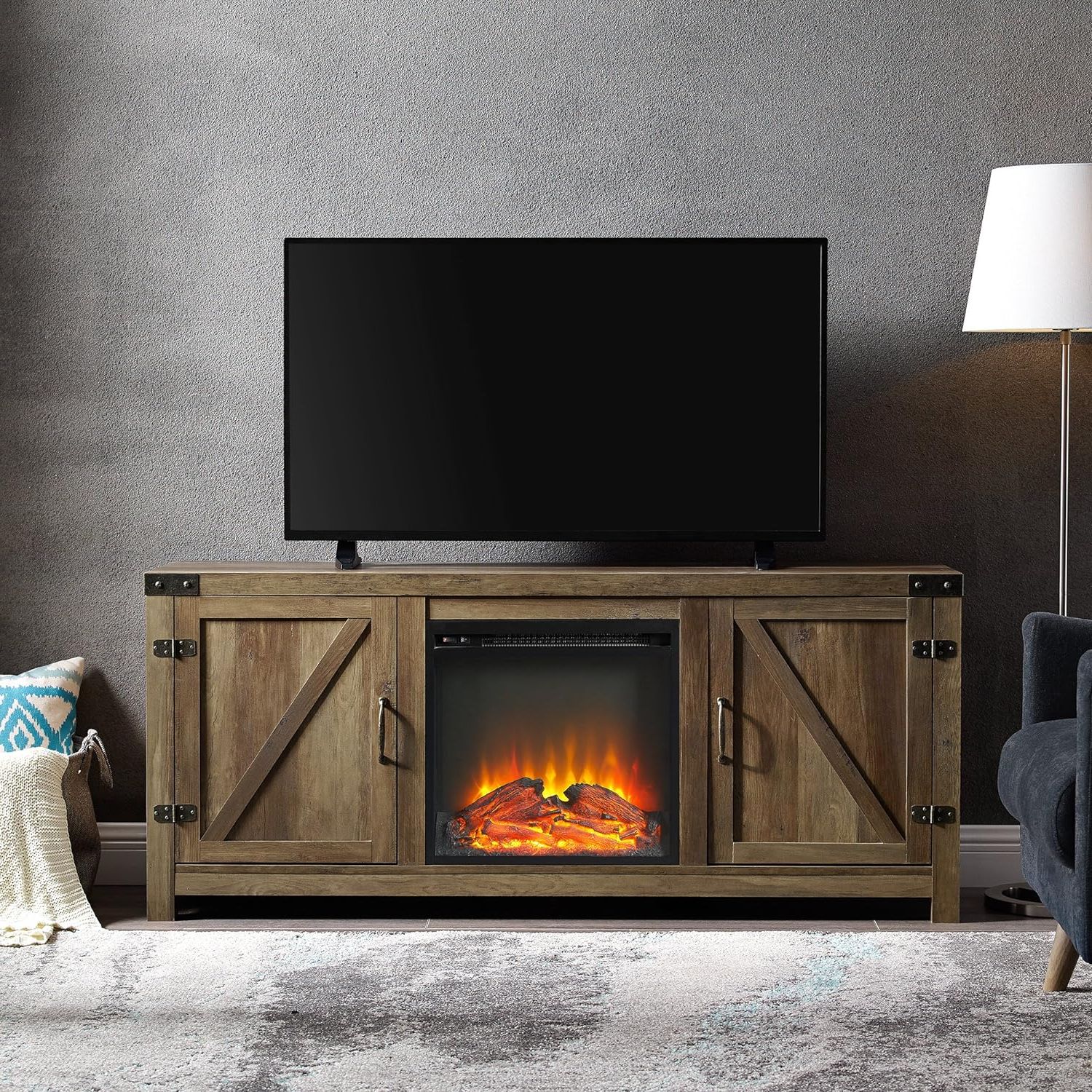 Modern Farmhouse Rustic Tv Stands Inside Fashionable Walker Edison We Furniture 58" Rustic Modern Farmhouse Fireplace Tv (View 3 of 15)