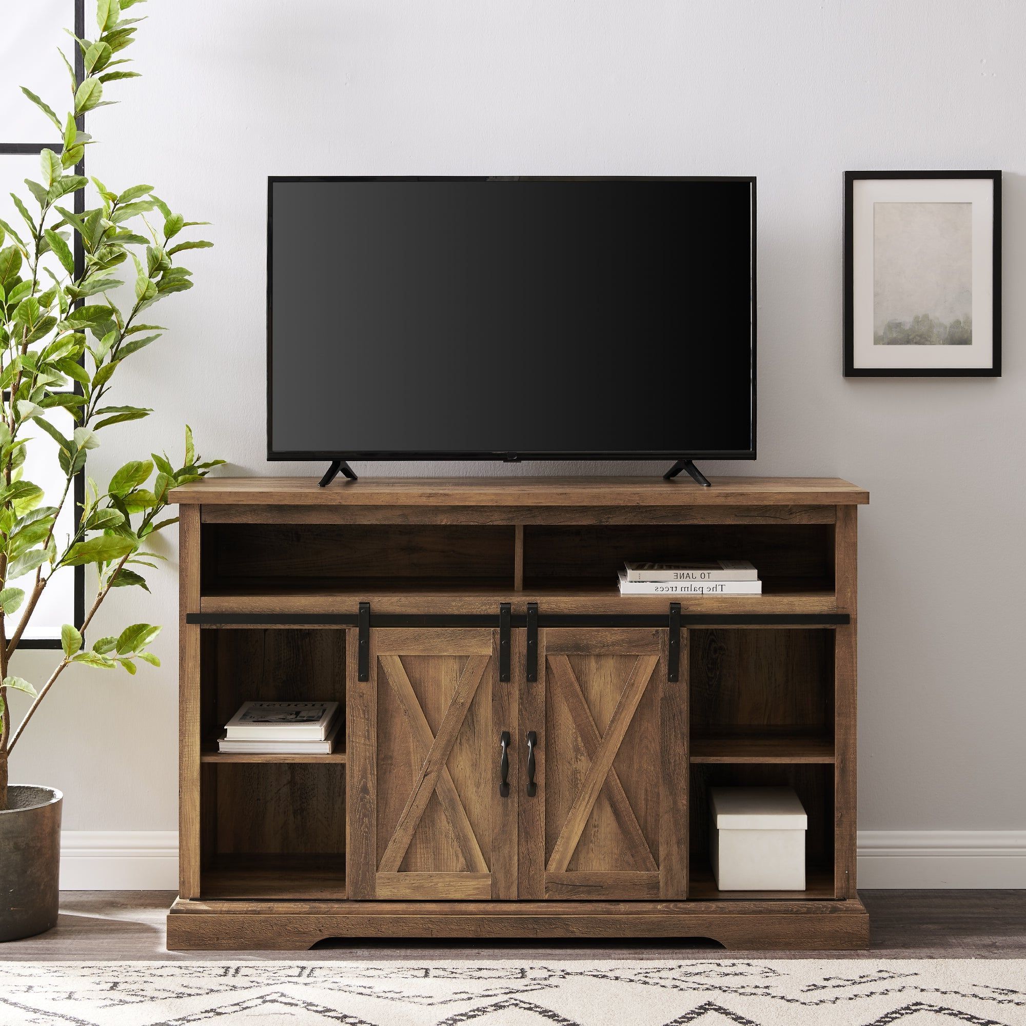 Modern Farmhouse Rustic Tv Stands Intended For Well Liked 52" Sliding Barn Door Highboy Modern Farmhouse Tv Stand Living Room (Photo 14 of 15)