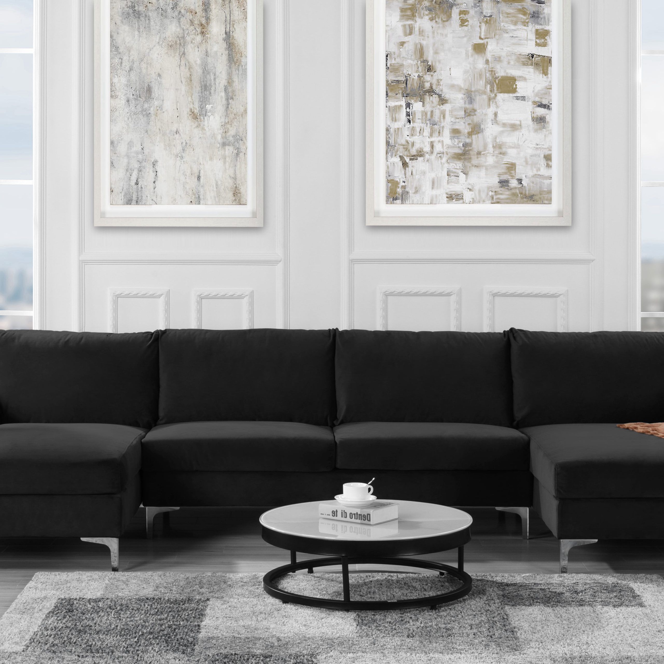 Modern Large Velvet Fabric U Shape Sectional Sofa, Double Extra Wide Throughout Popular Sofas In Black (View 5 of 15)