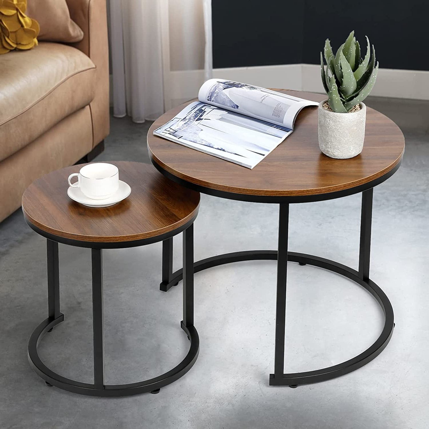 Modern Nesting Coffee Tables In Trendy Amzdeal Modern Nesting Coffee Tables, Walnut Round Top, Set Of 2, Brown (View 7 of 15)