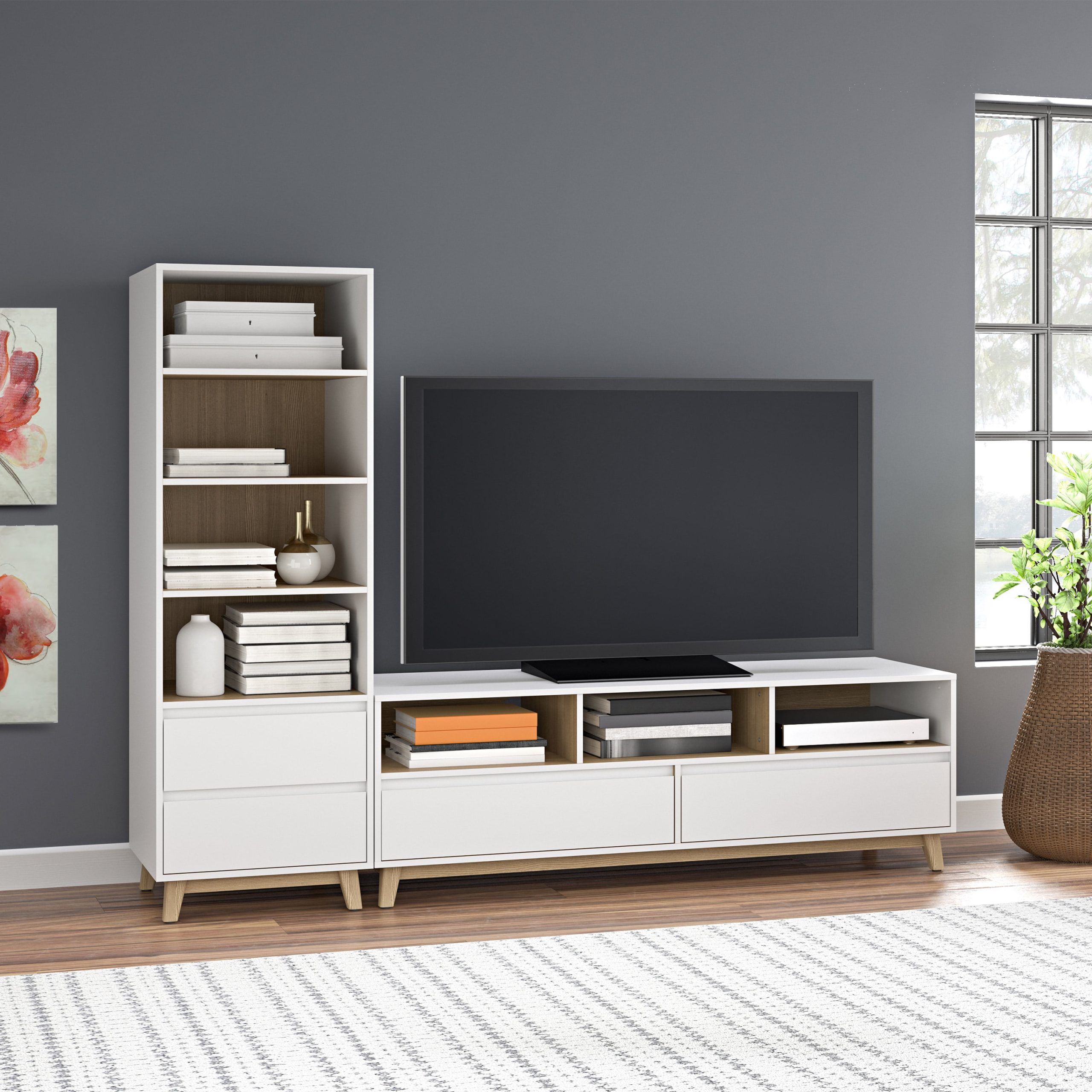 Modern Stands With Shelves Intended For Trendy Mainstays Mid Century Tv Stand And Tower Book Shelf – Walmart (View 6 of 15)