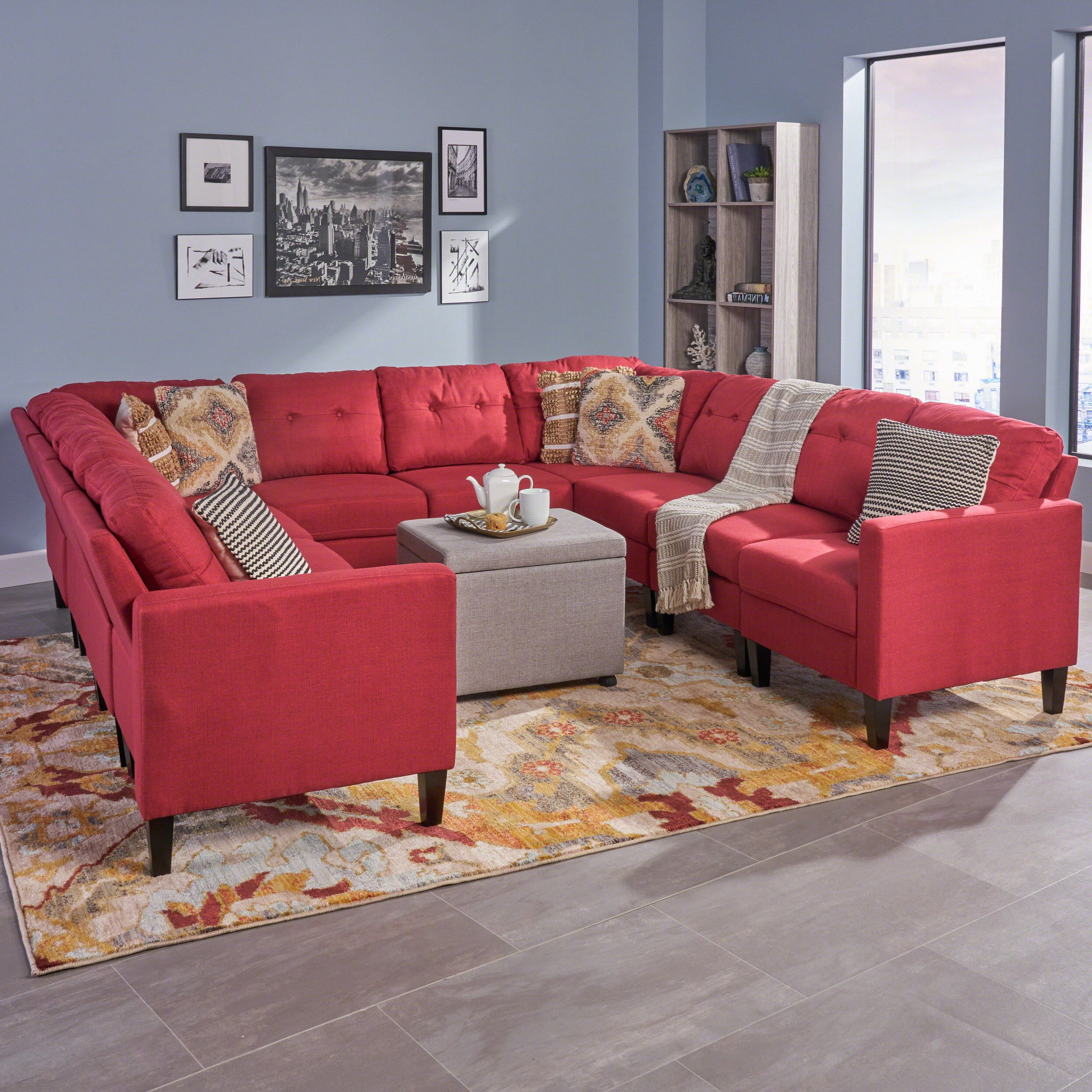 Modern U Shaped Sectional Couch Sets Inside Trendy Marsh Mid Century Modern U Shaped Sectional Sofa Set, Red – Walmart (Photo 1 of 15)