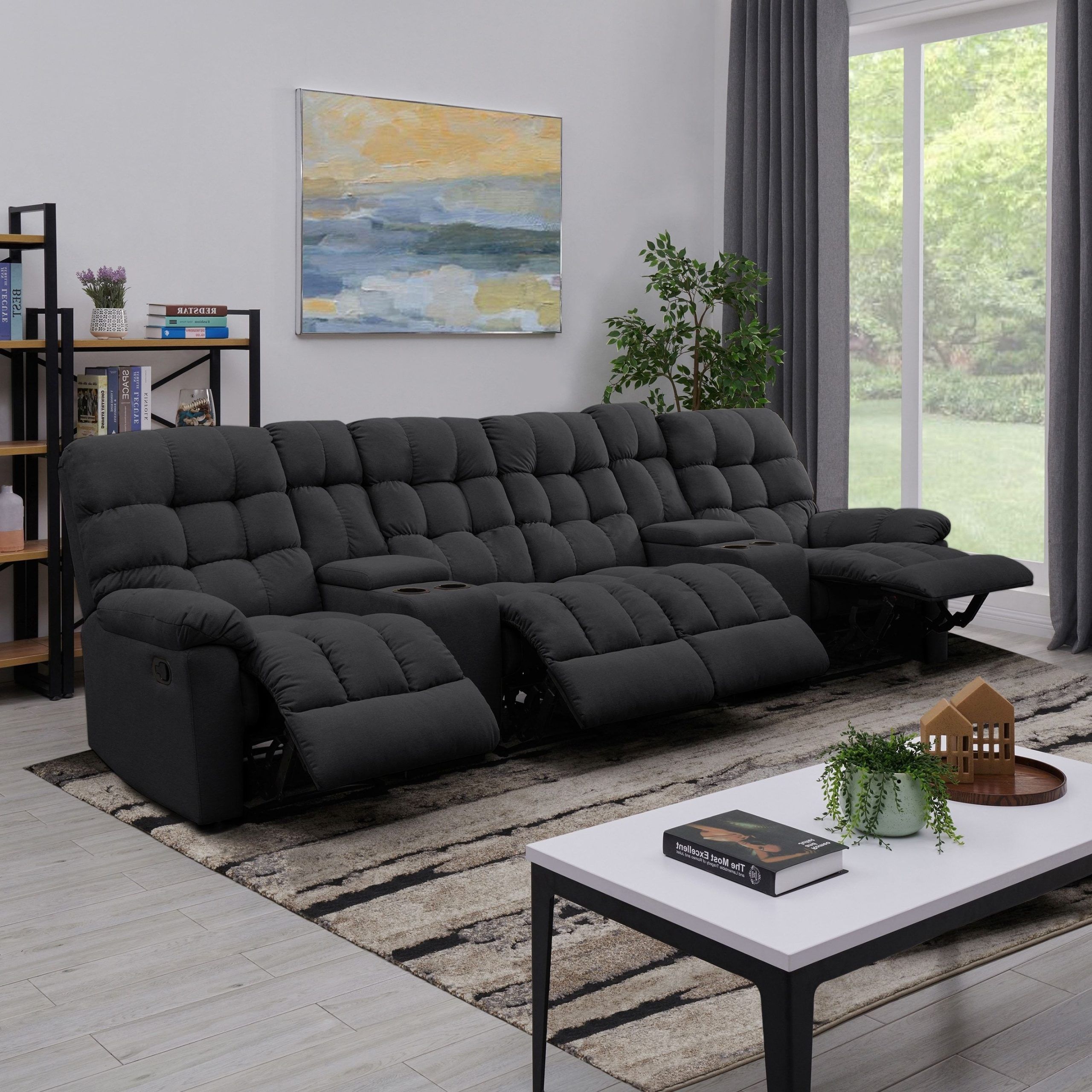 Modern Velvet Sofa Recliners With Storage Throughout Best And Newest Copper Grove Gramsh Dark Grey Tufted Velvet 4 Seat Recliner Sofa With (Photo 1 of 15)