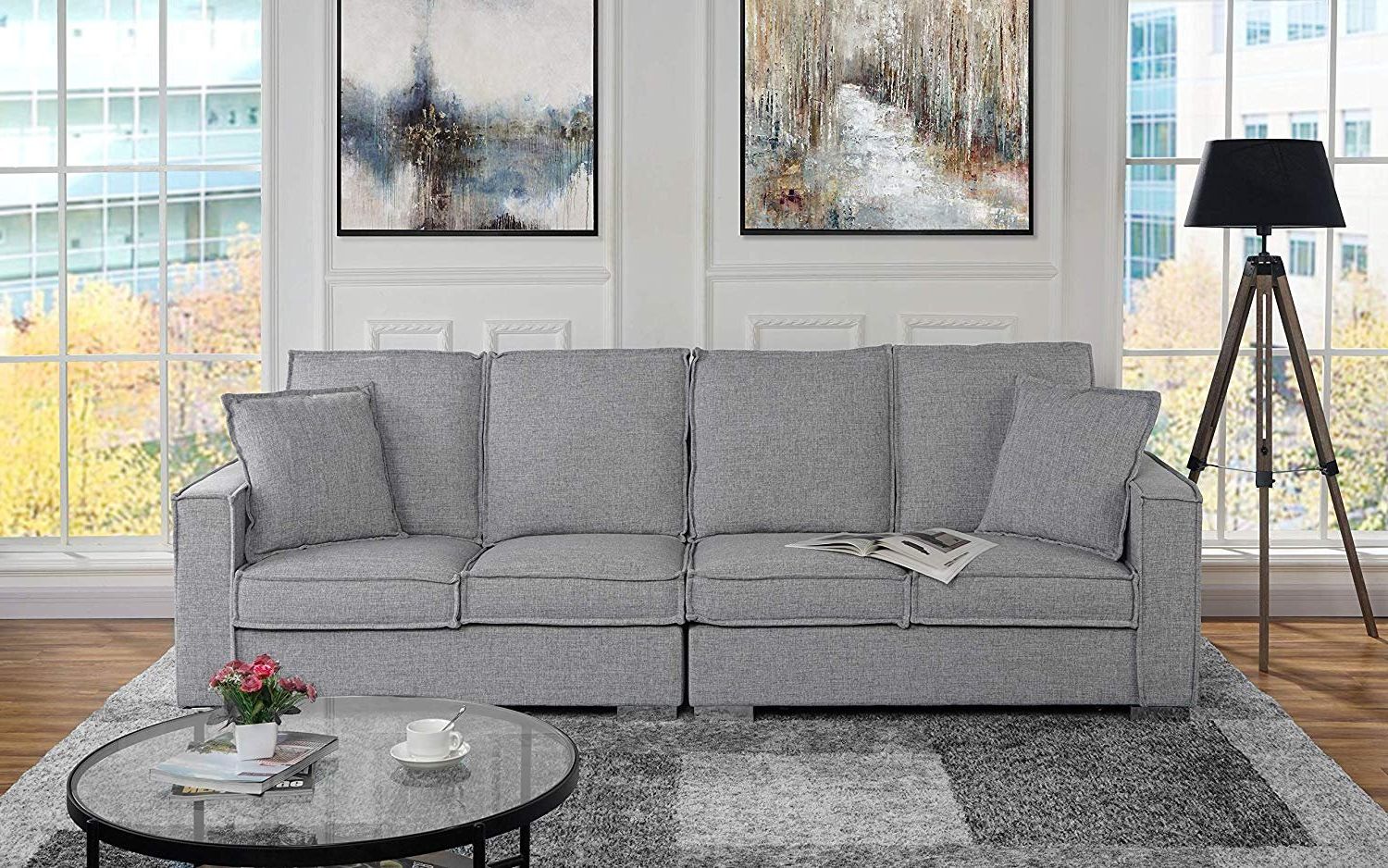 Most Current Extra Large Living Room Linen Fabric Sofa, 4 Seat Couch Low Profile Pertaining To Gray Linen Sofas (View 11 of 15)
