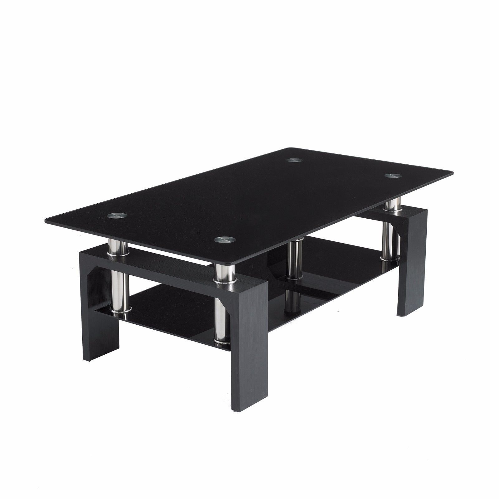 Most Current Glass Coffee Tables With Lower Shelves Within Buy Neo® Black Modern Rectangle & Black Glass Chrome Living Room Coffee (Photo 9 of 15)
