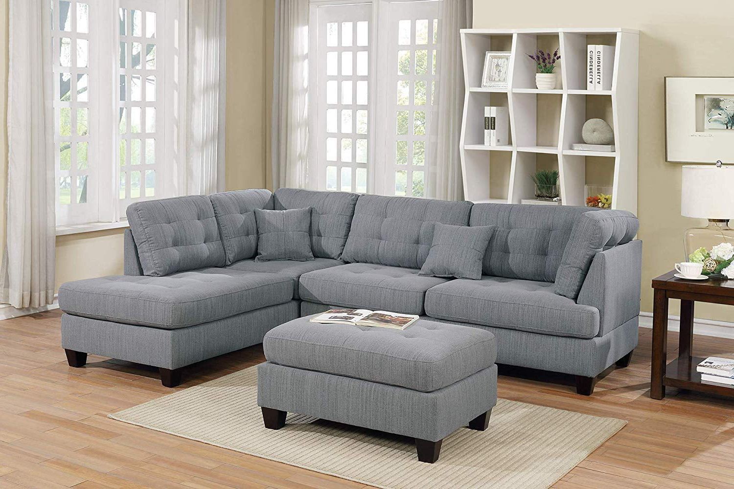 Most Current Gray Linen Sofas Regarding Modern Reversible Grey Linen Like Fabric Sectional Sofa Set With Tufted (View 13 of 15)
