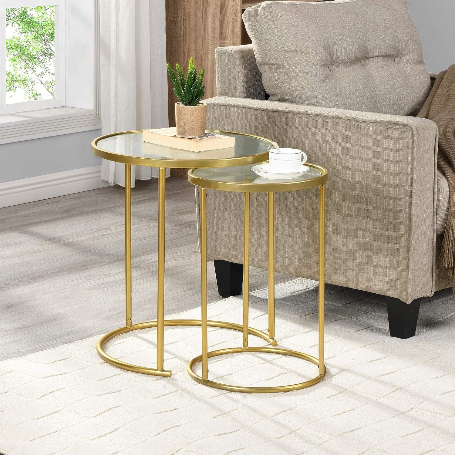 Most Current Homcom Round Coffee Tables Set Of 2, Gold Nesting Side End Tables With With Regard To Round Coffee Tables With Steel Frames (View 12 of 15)