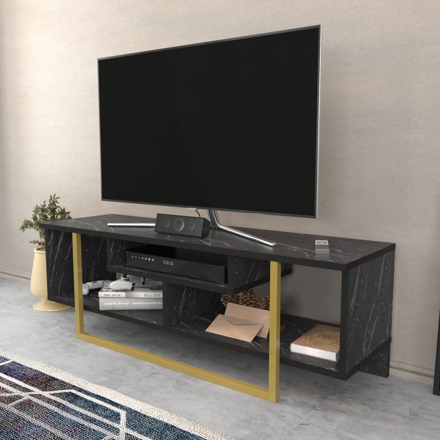 Most Popular Black Marble Tv Stands With Asal 47" Modern Metal Wood Tv Stand For 55 Inch Tv Black Marble Gold (Photo 4 of 15)