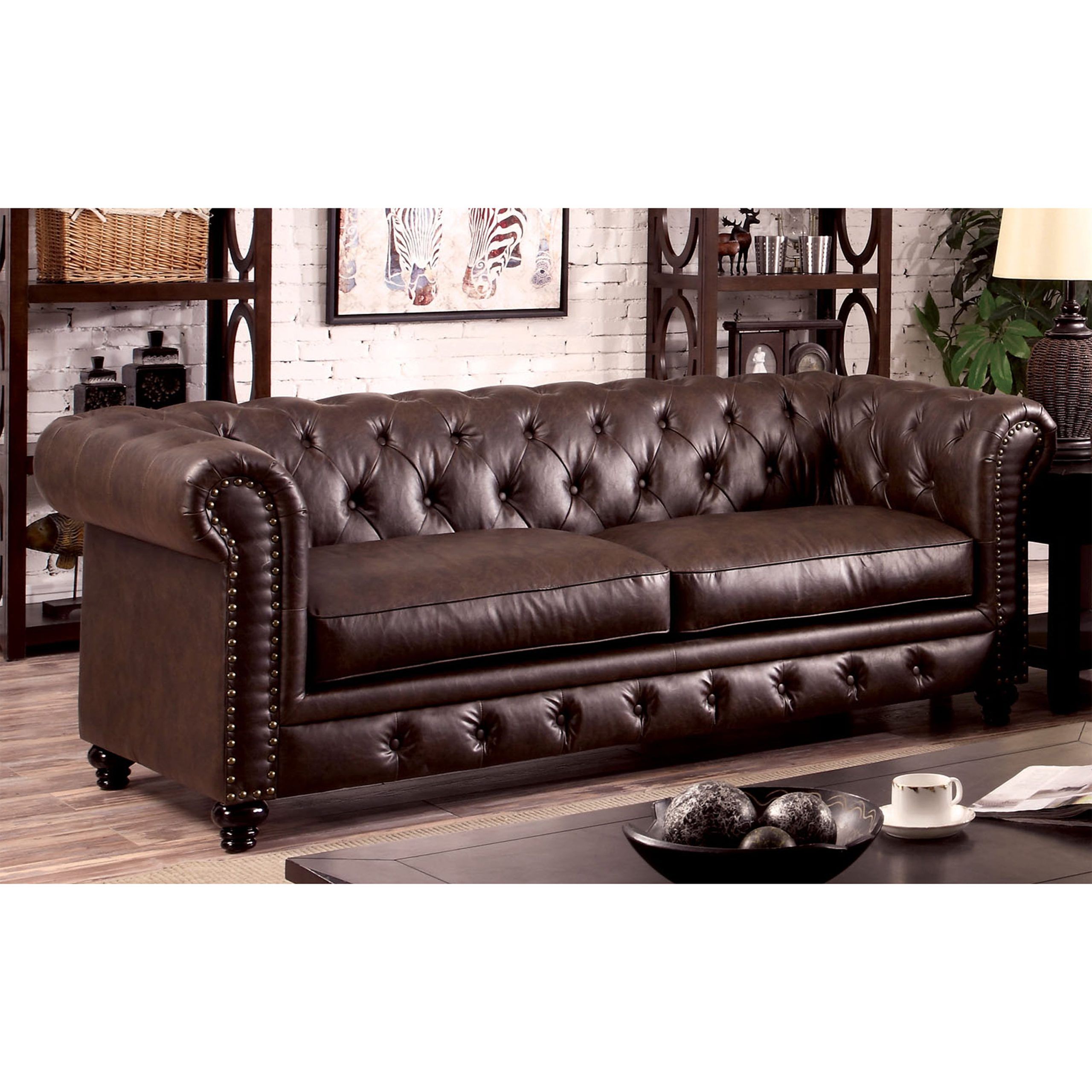 Most Popular Furniture Of America Tufted Glam Faux Leather Nyssa Tuxedo Sofa, Brown For Faux Leather Sofas In Dark Brown (Photo 6 of 15)