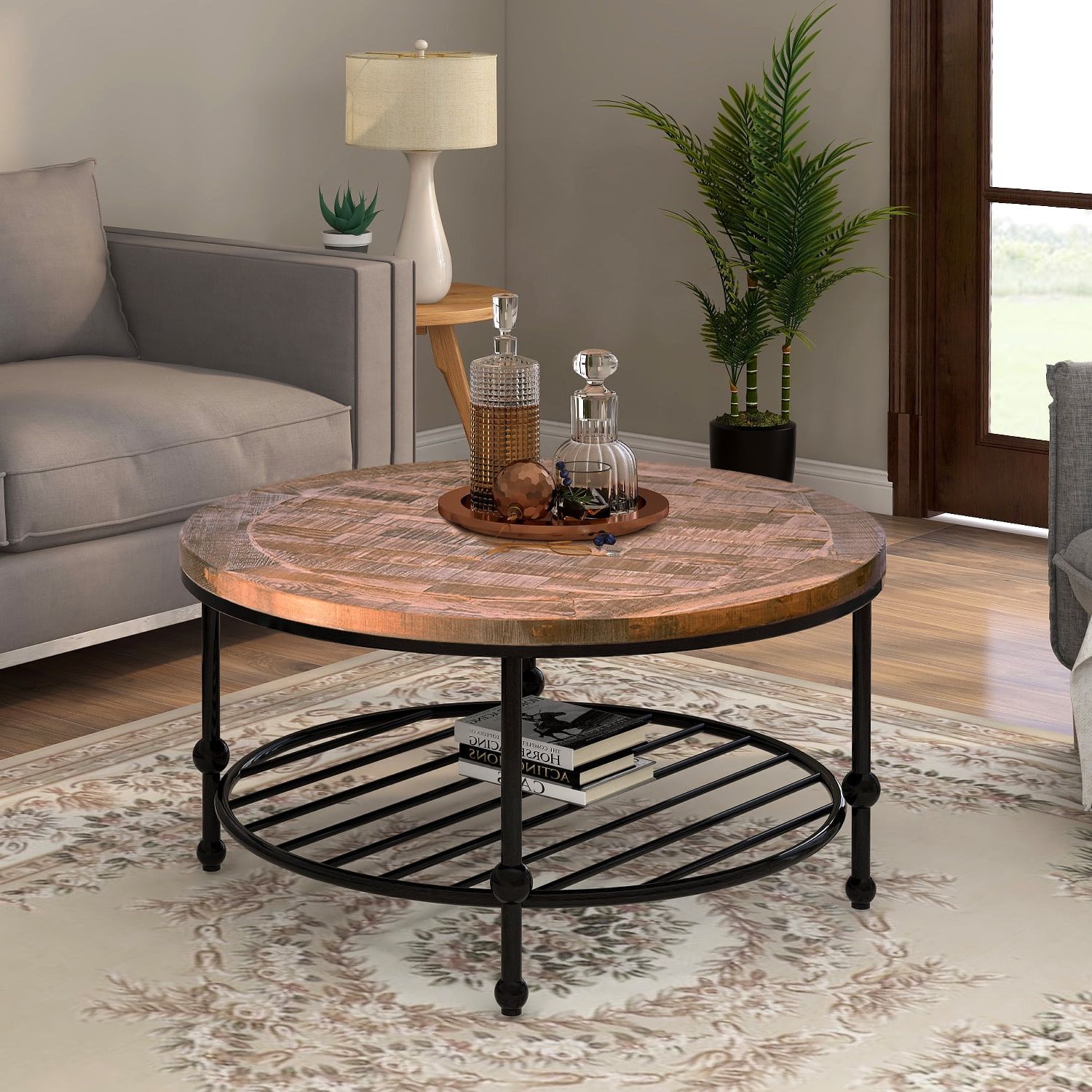 Most Recent Coffee Tables With Round Wooden Tops For Rustic Natural Round Coffee Table With Storage Shelf For Living Room (Photo 6 of 15)