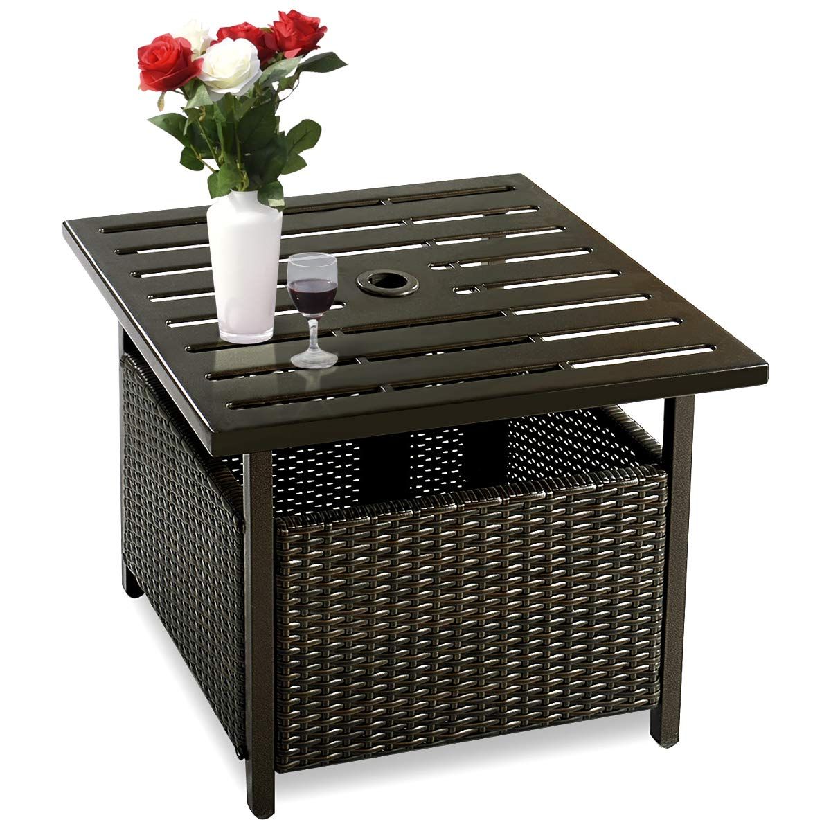 Most Recent Costway Rattan Patio Wicker Bistro Dining Tables Square Umbrella Table Pertaining To Outdoor Coffee Tables With Storage (Photo 9 of 15)