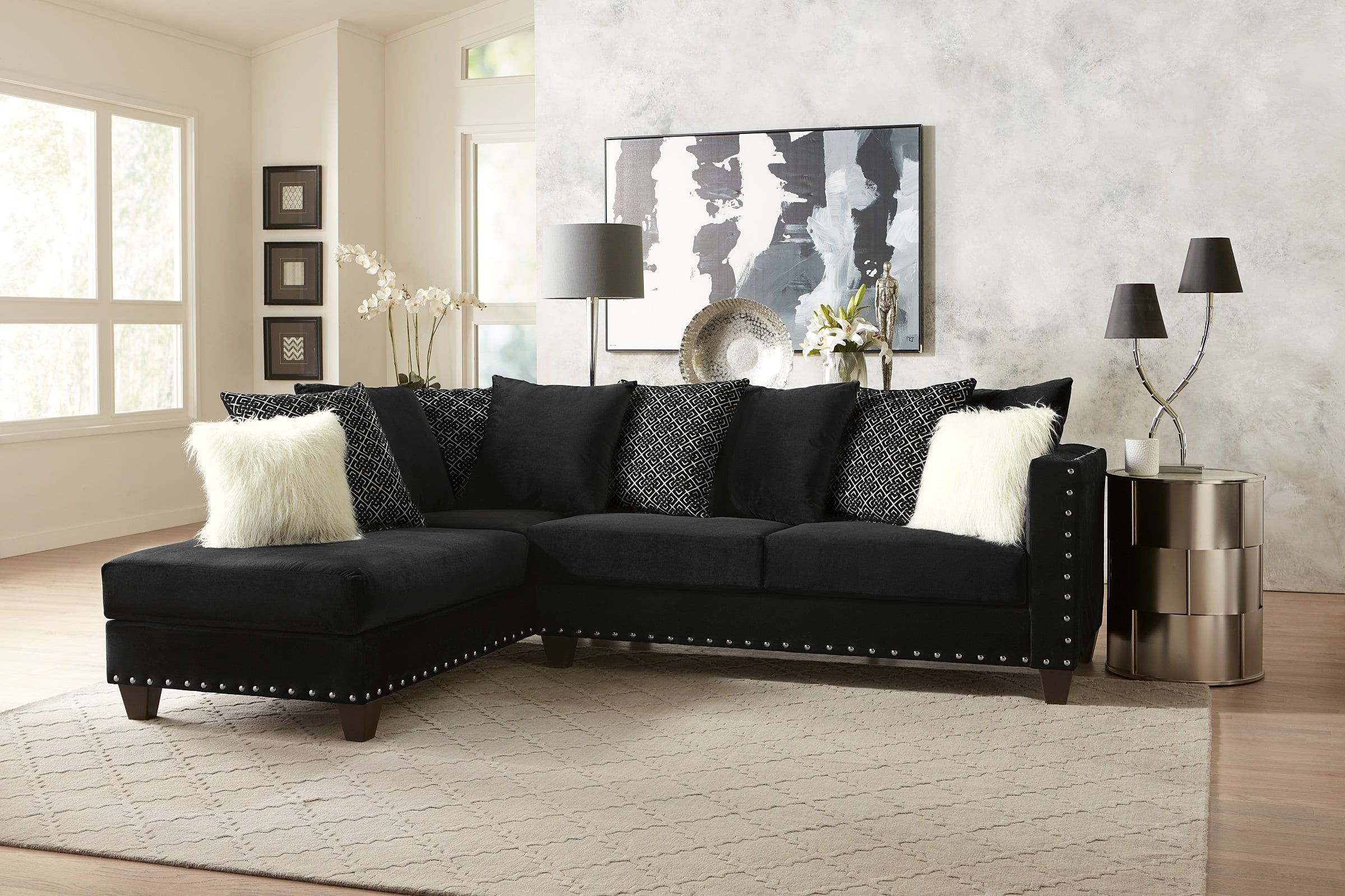 Most Recent Sofas For Living Rooms Pertaining To Living Room Modern Classic Black Fabric Sectional Sofa 2pc Set Cushion (View 5 of 15)