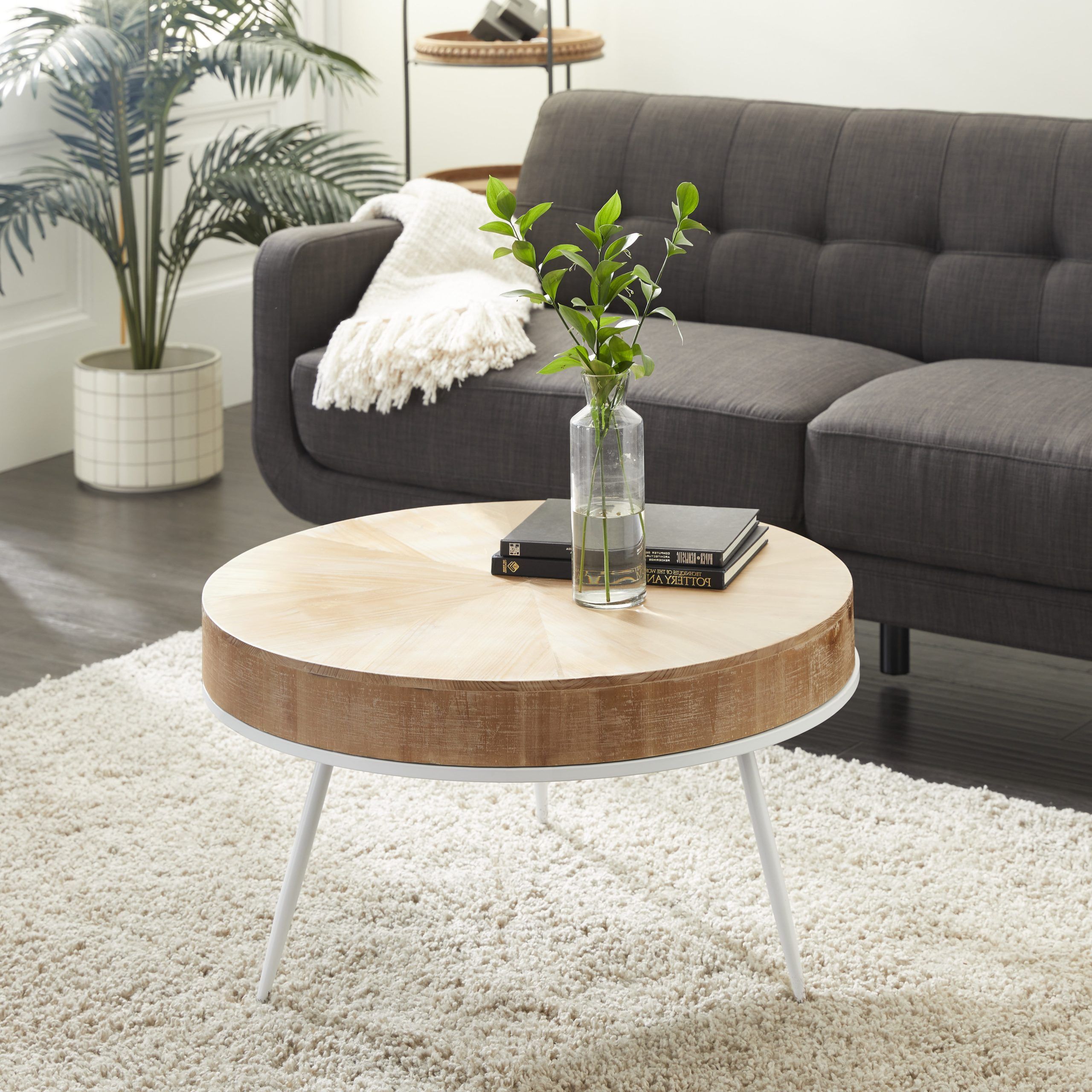 Most Recent White T Base Seminar Coffee Tables Within Decmode Round Natural Wood Top Coffee Table With Distressed White Metal (View 7 of 15)