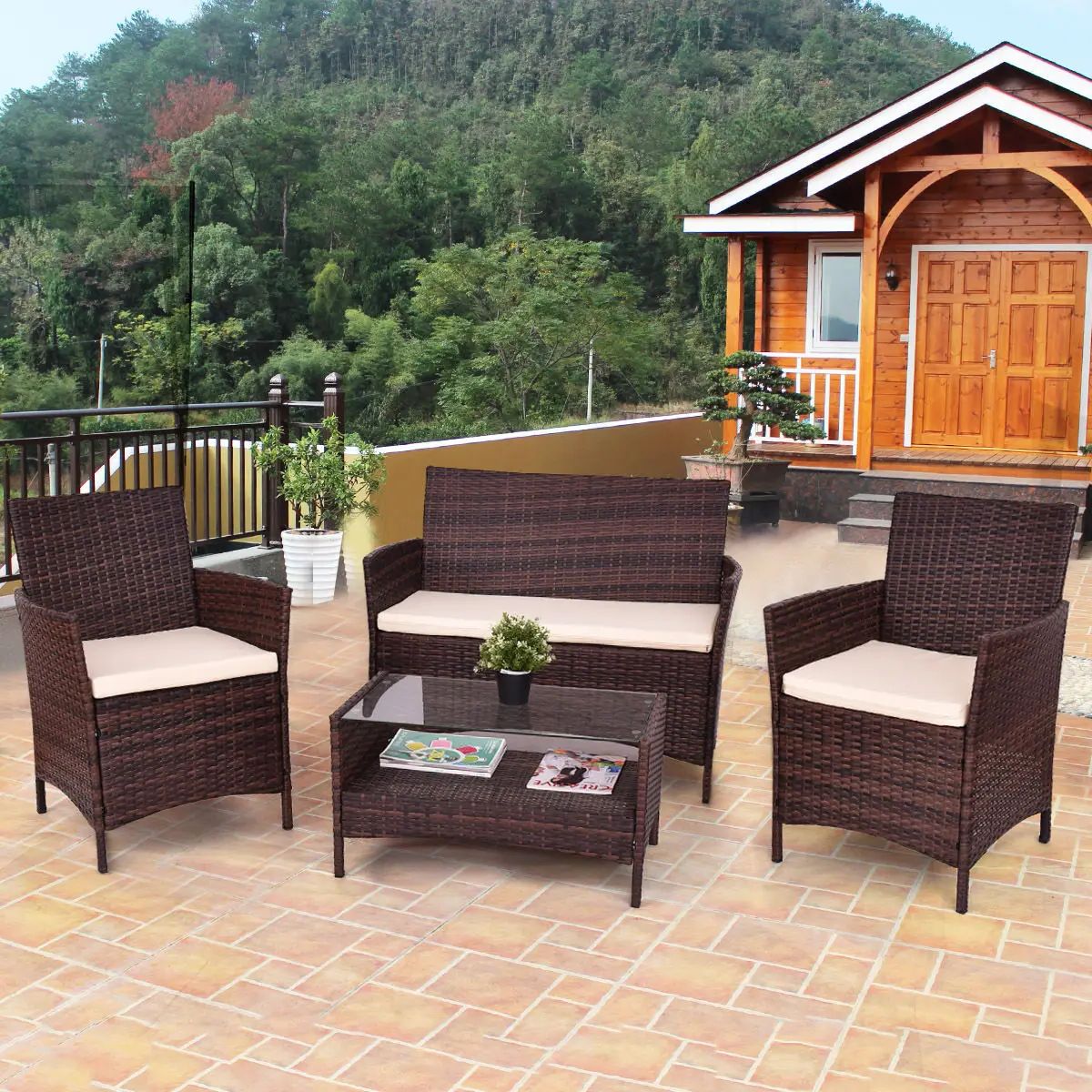 Most Recently Released 4pcs Rattan Patio Coffee Tables For Giantex 4pcs Outdoor Patio Pe Rattan Wicker Coffee Table Shelf Modern (View 4 of 15)