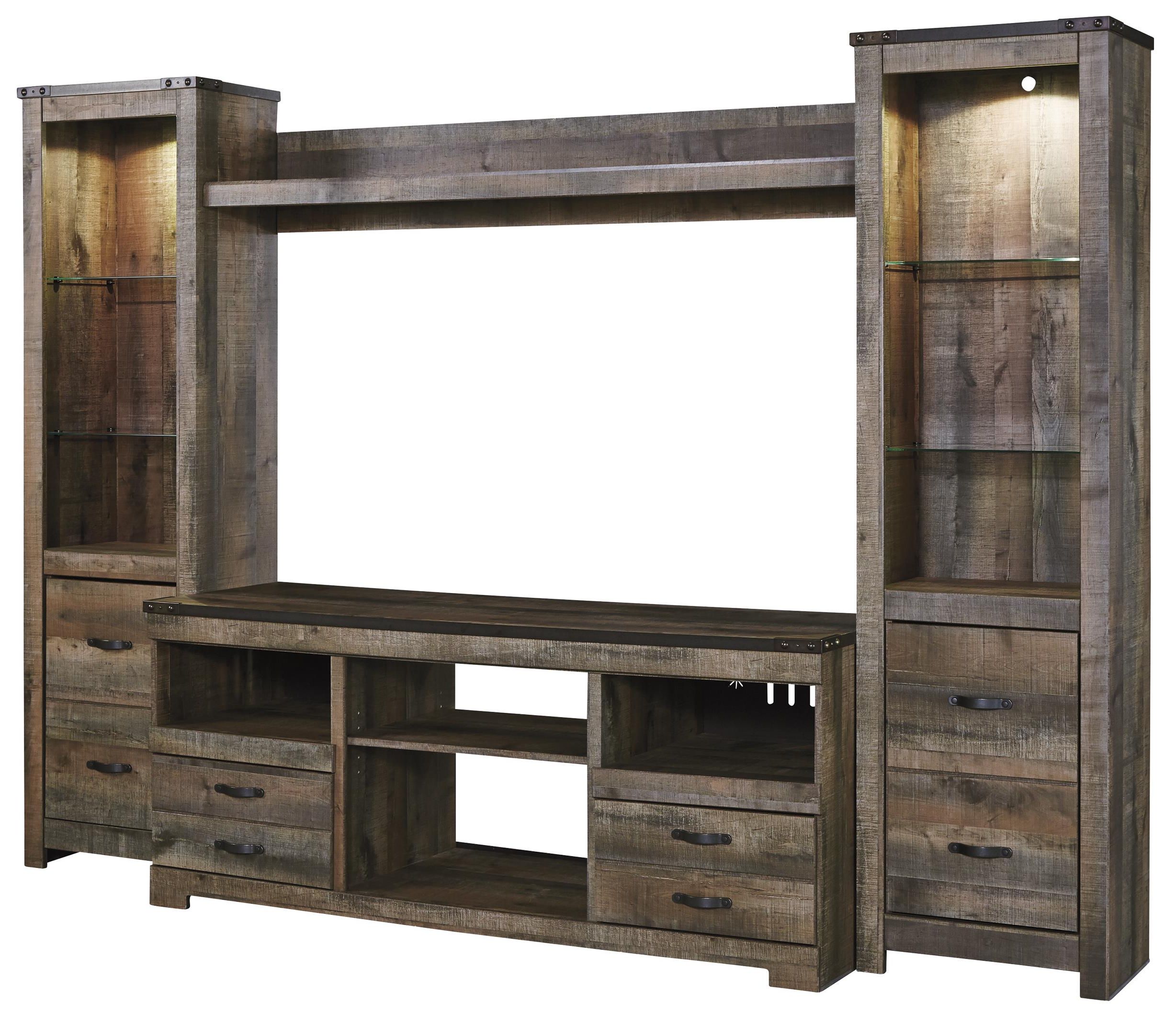 Most Recently Released Ashley (signature Design) Trinell Rustic Large Tv Stand & 2 Tall Piers Throughout Entertainment Units With Bridge (View 4 of 15)