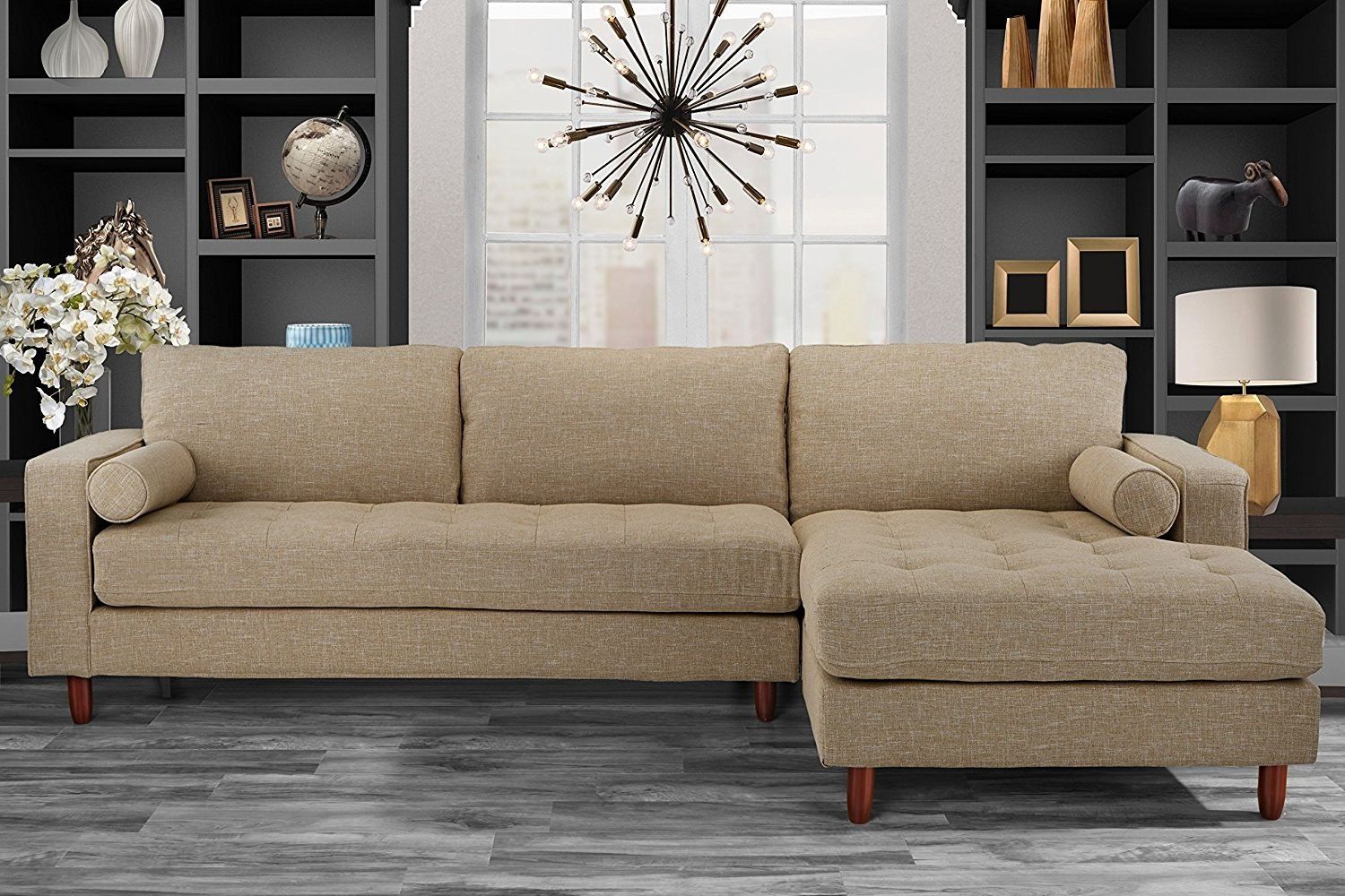 Most Recently Released Mid Century Modern Tufted Fabric Sectional Sofa, L Shape Couch Beige For Beige L Shaped Sectional Sofas (Photo 3 of 15)