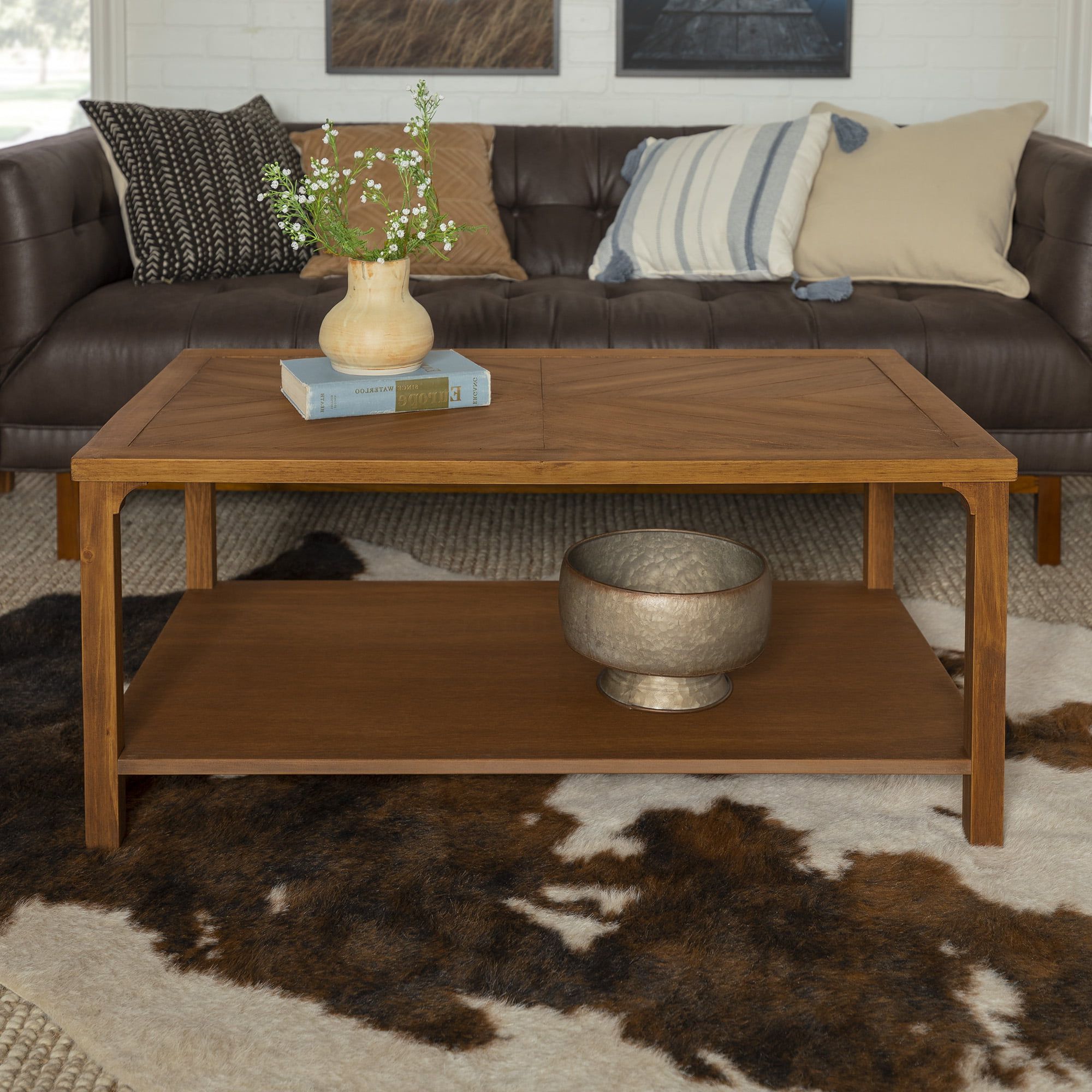 Most Recently Released Modern Farmhouse Coffee Table Sets Regarding Manor Park Modern Farmhouse Coffee Table With Chevron Design – Caramel (View 15 of 15)