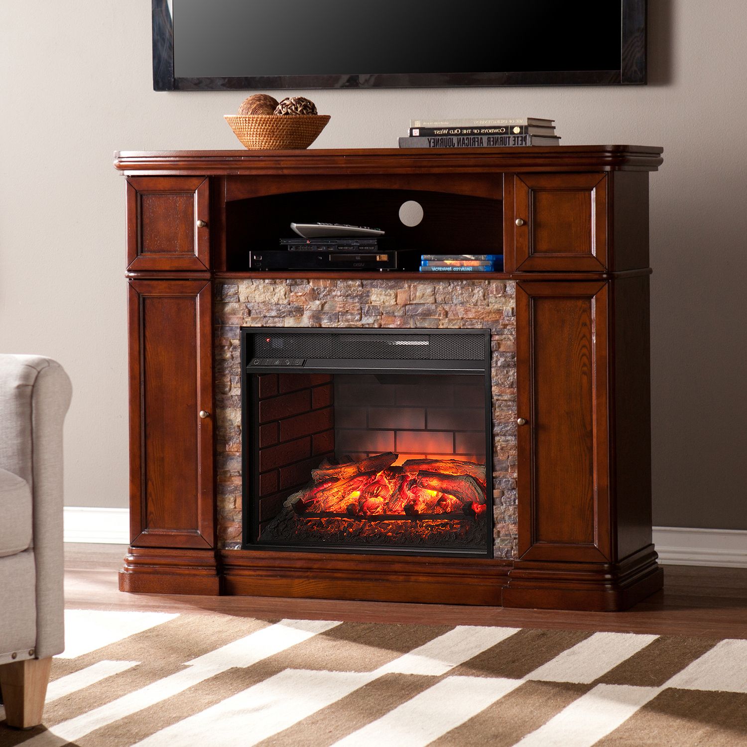 Most Recently Released Preston Espresso & Faux Stone Tv Stand & Electric Fireplace – Pier1 With Electric Fireplace Tv Stands (Photo 15 of 15)