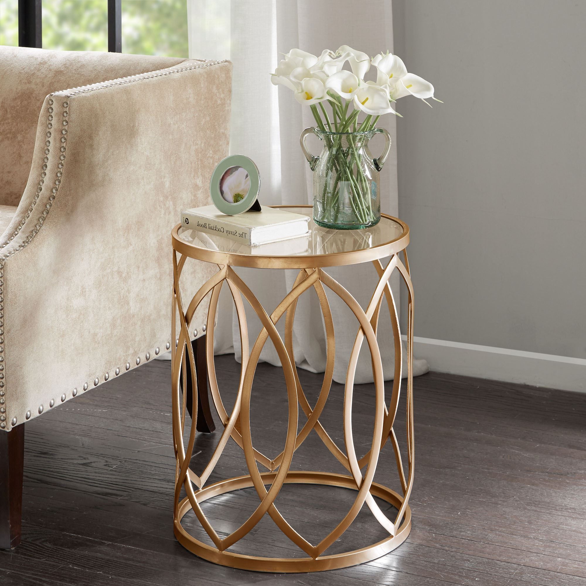Most Up To Date Arrio Gold Metal Round Accent Table With Glass Top For Metal Side Tables For Living Spaces (View 6 of 15)