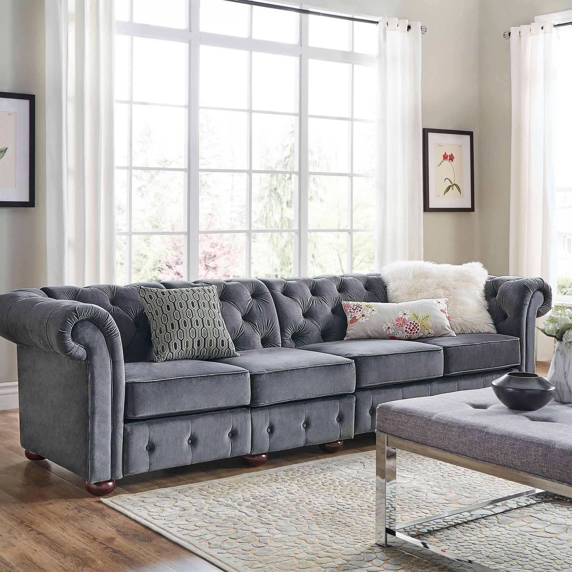 Most Up To Date Dark Grey Loveseat Sofas Pertaining To Knightsbridge Dark Grey Extra Long Tufted Chesterfield Sofainspire (Photo 10 of 15)