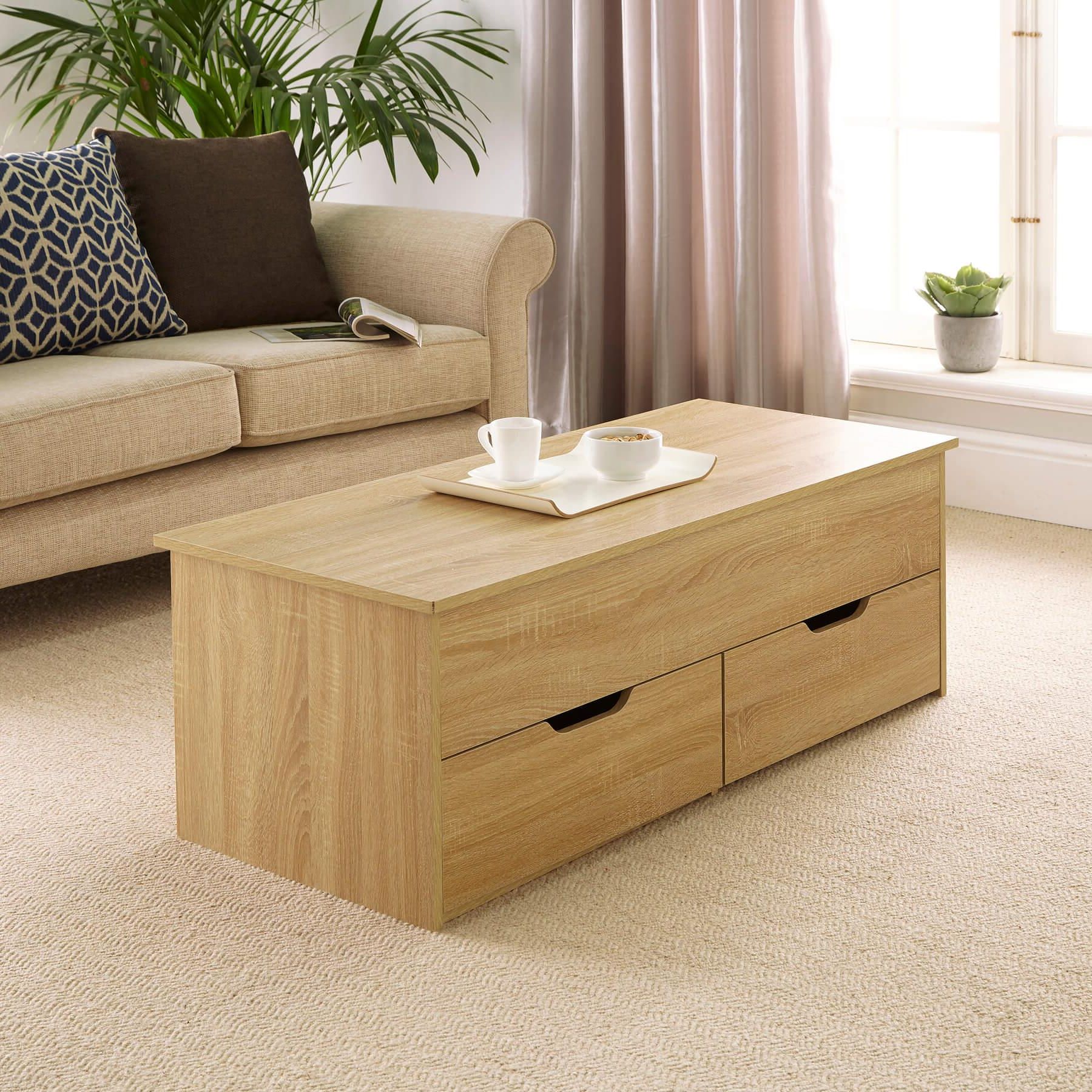 Most Up To Date Oak Wooden Coffee Table With Lift Up Top And 2 Large Storage Drawers With Lift Top Coffee Tables With Storage Drawers (View 5 of 15)