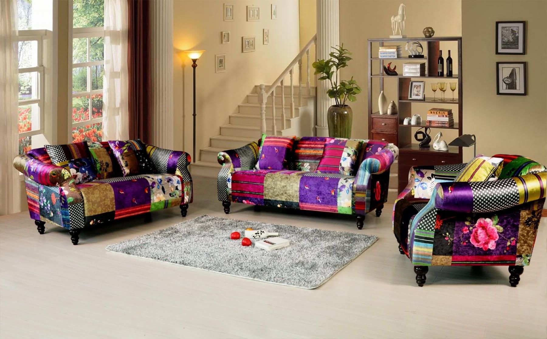 Multicoloured Patchwork Fabric 3 + 2 + 1 Avici Shout Sofa Set Regarding Trendy Sofas In Multiple Colors (View 10 of 15)
