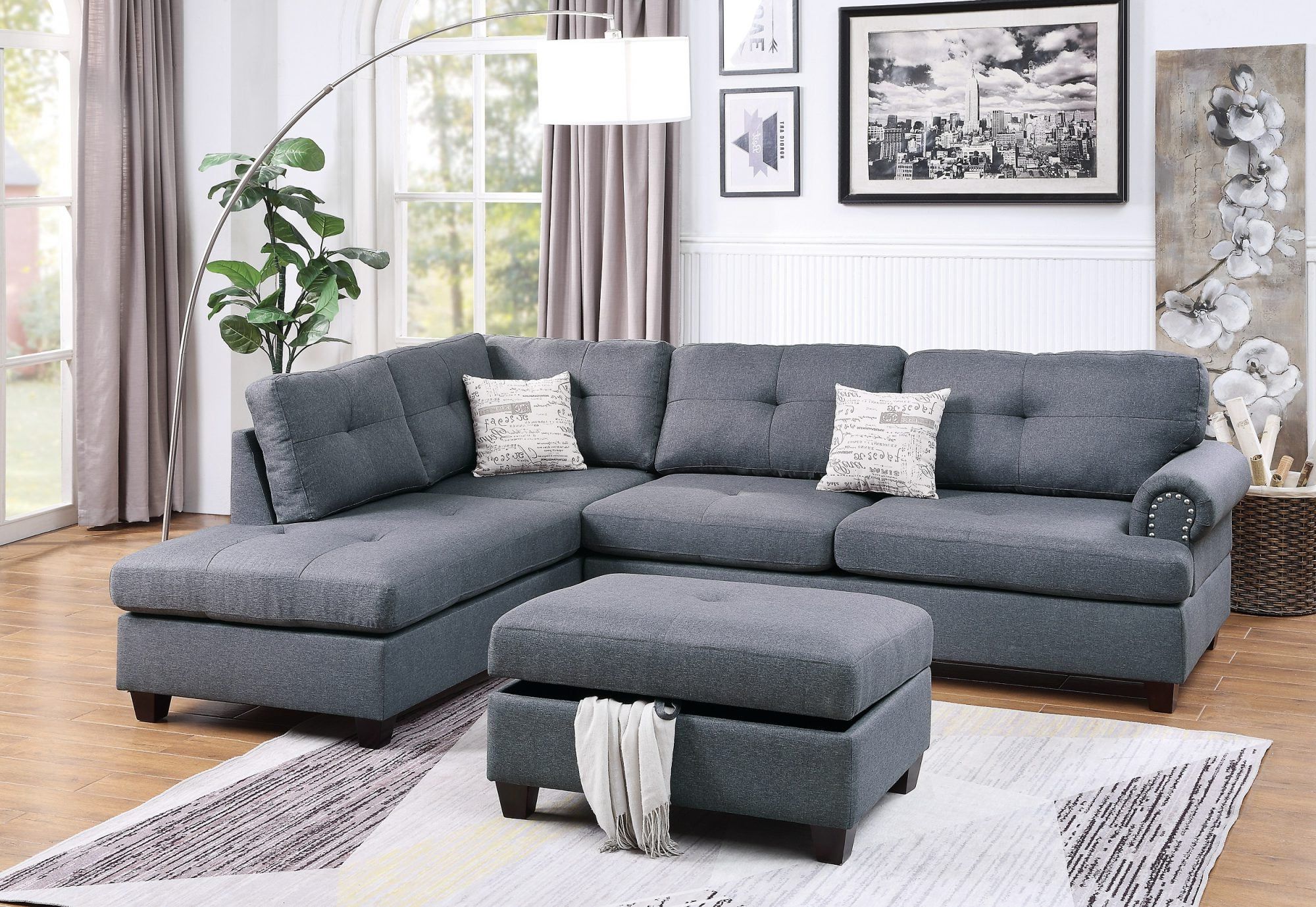 Newest Blue Grey Reversible L/r Sectional Sofa Set Polyfiber Cushion Chaise Inside Reversible Sectional Sofas (View 15 of 15)