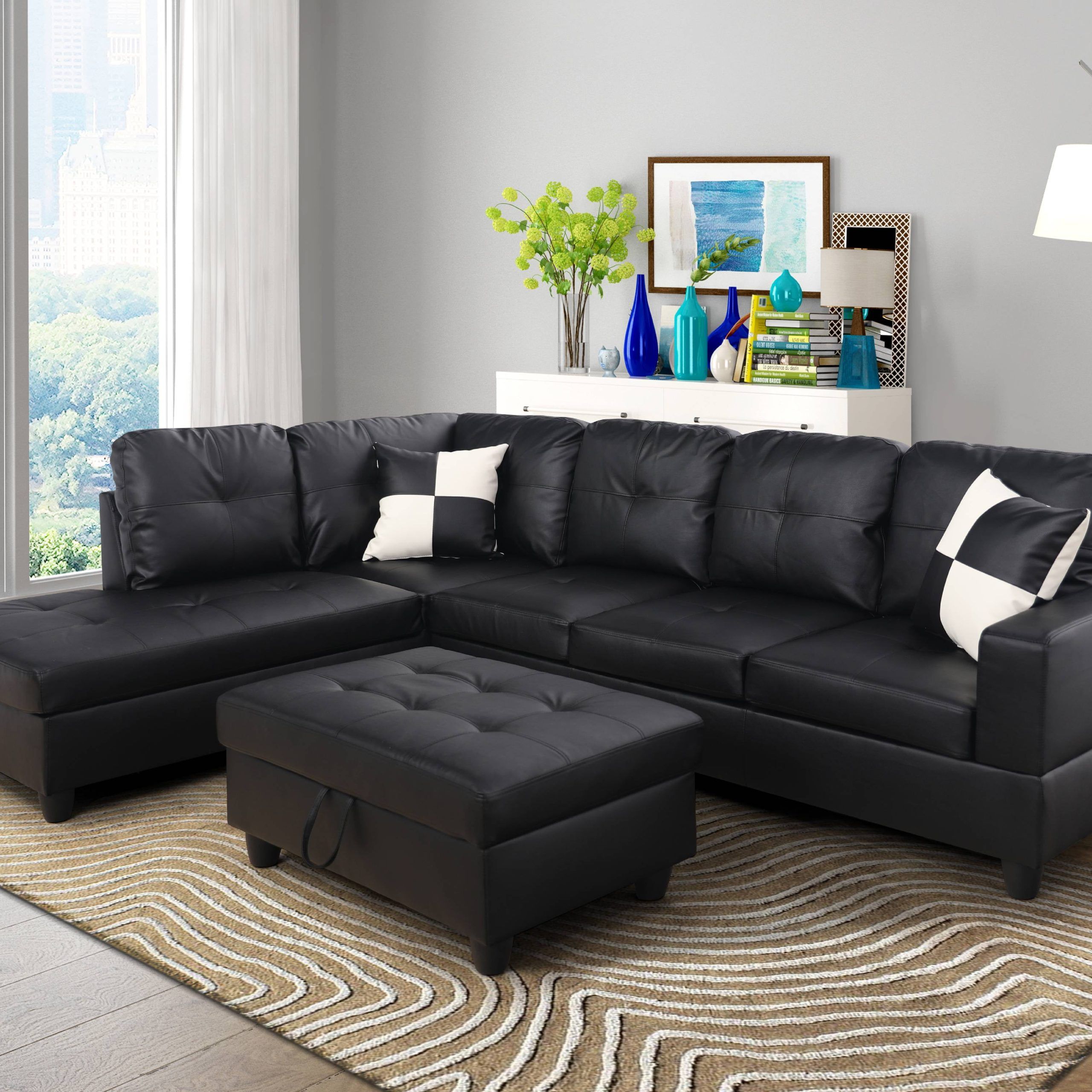 Newest For U Furnishing Classic Black Faux Leather Sectional Sofa, Right With Black Faux Suede Memory Foam Sofas (Photo 11 of 15)
