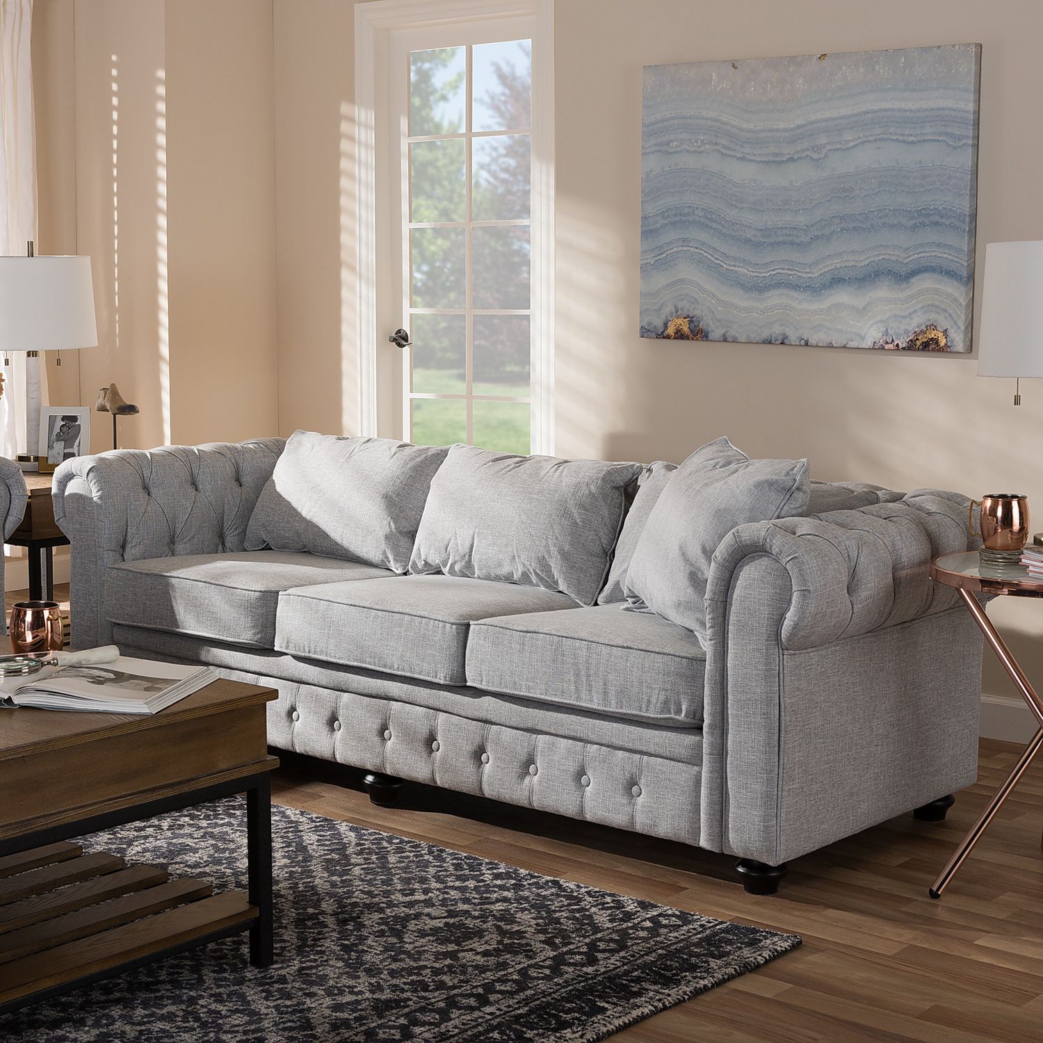 Newest Gray Linen Sofas With Regard To Younes Gray Tufted Linen Chesterfield Sofa – Pier1 (Photo 1 of 15)