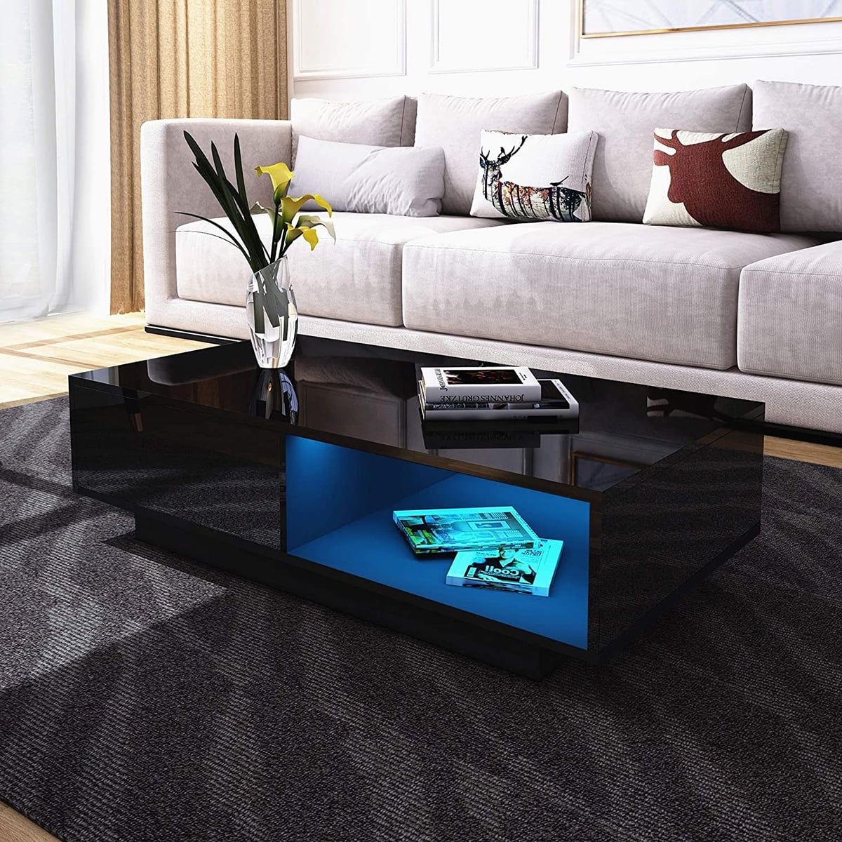 Newest High Gloss Black Coffee Tables Inside Modern High Gloss Coffee Table With Drawers, Led Sofa Side End Desk (Photo 11 of 15)