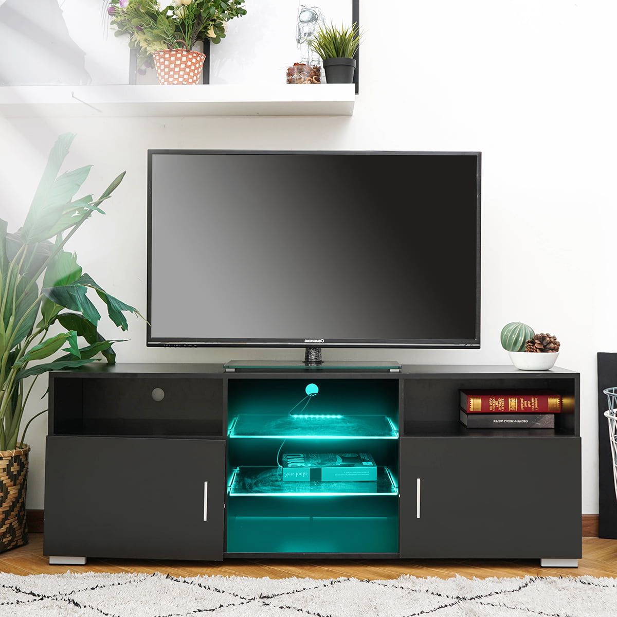 Newest Rgb Entertainment Centers Black With Regard To 57'' Led Tv Stand For Tvs Up To 61", With Rgb Led Light And Glass (Photo 7 of 15)