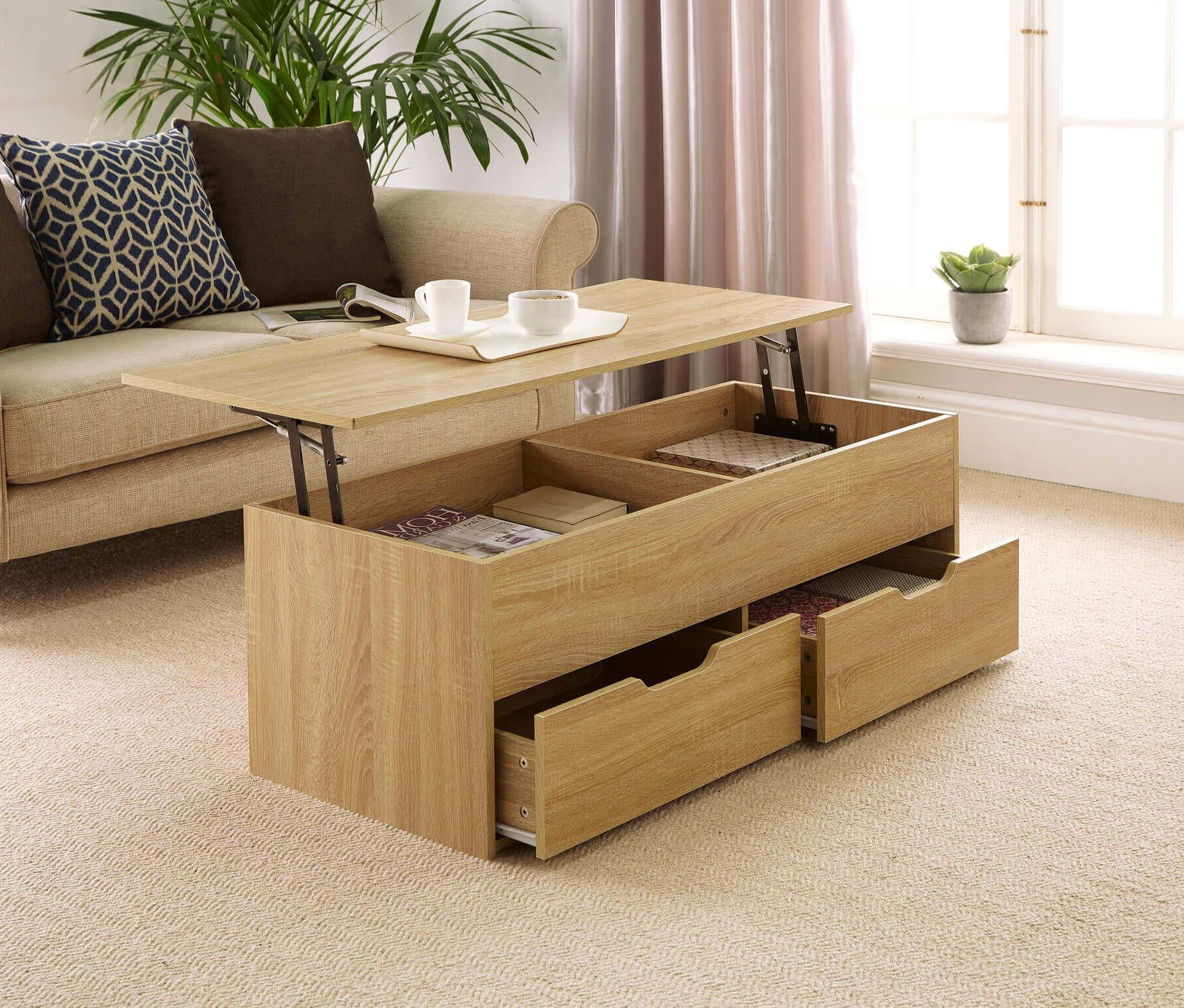 Oak Wooden Coffee Table With Lift Up Top And 2 Large Storage Drawers Intended For Most Current Lift Top Coffee Tables With Storage Drawers (View 4 of 15)
