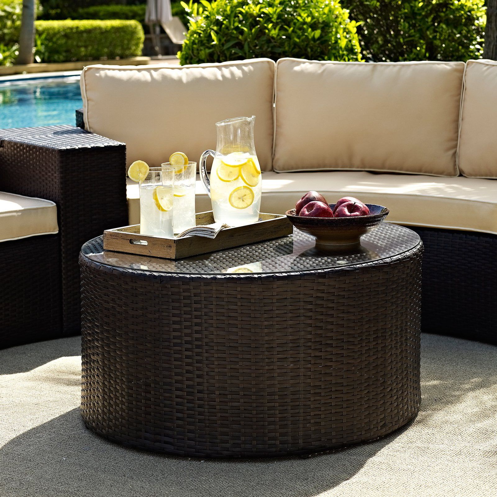 Outdoor Half Round Coffee Tables Pertaining To Popular Crosley Furniture Catalina Outdoor Wicker Round Glass Top Coffee Table (Photo 12 of 15)