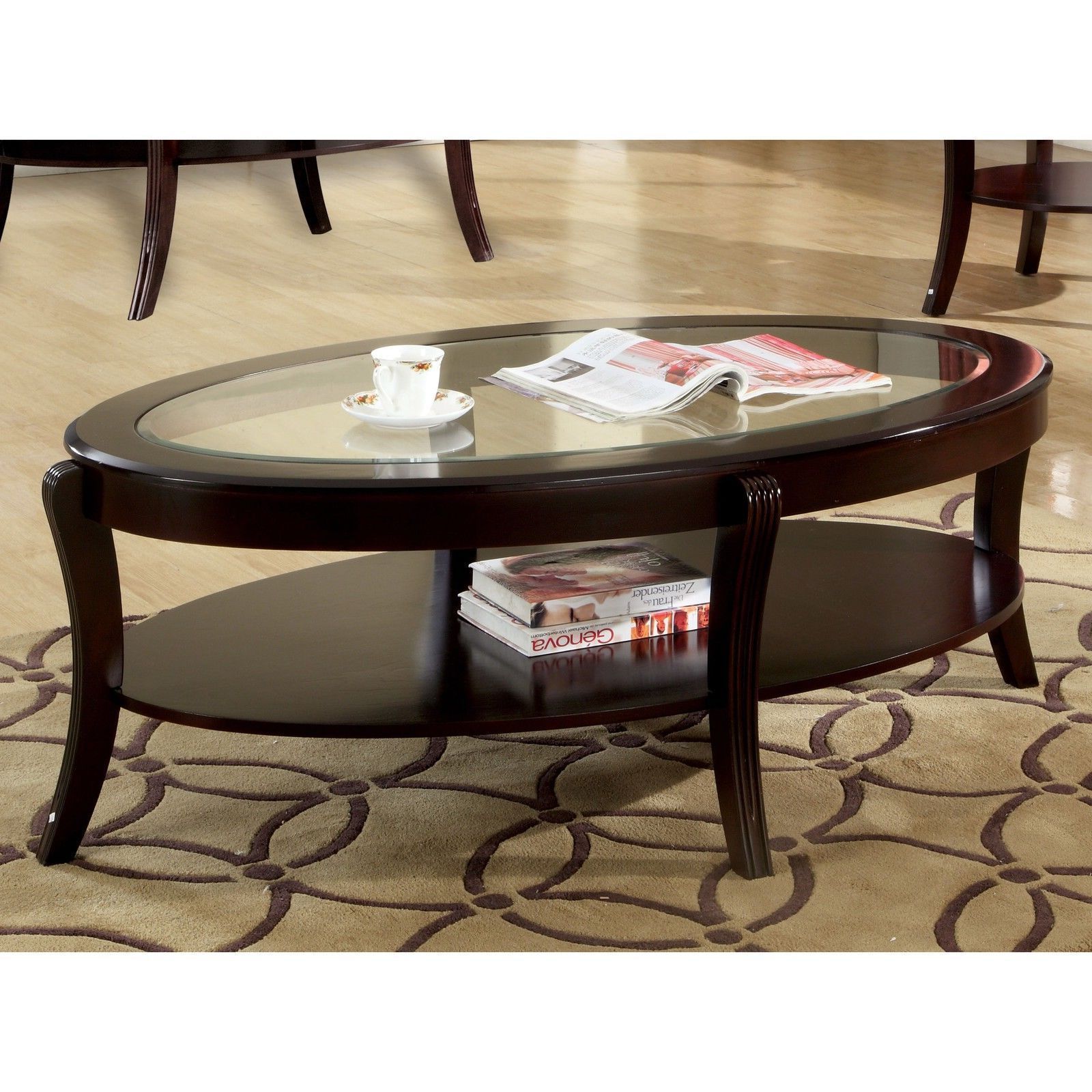Oval Coffee Cocktail Table Wood Expresso Fin. Tempered Beveled Glass In Fashionable Wood Tempered Glass Top Coffee Tables (Photo 5 of 15)