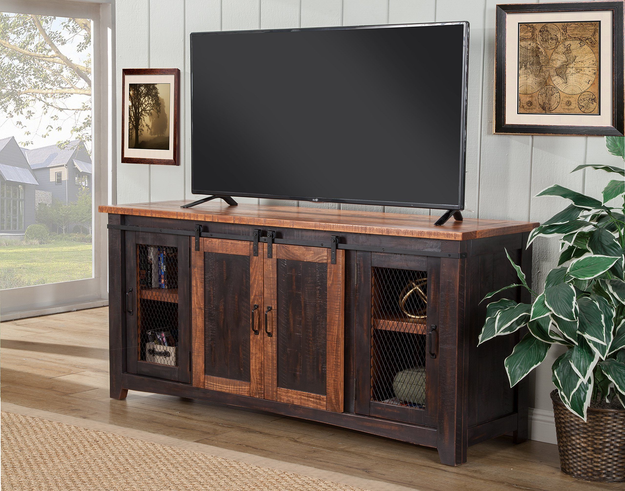 Pemberly Row Farmhouse Sliding Door Wood 52 Highboy Tv Stand Console For Fashionable Modern Farmhouse Rustic Tv Stands (View 12 of 15)