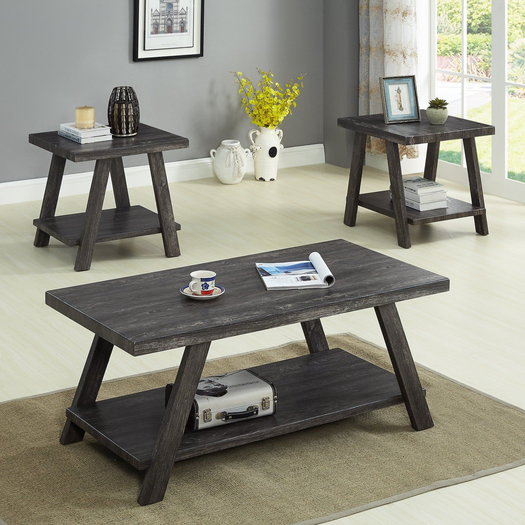 Pemberly Row Replicated Wood Coffee Tables With Regard To Favorite Athens Contemporary Replicated Wood Shelf Coffee Set Table In Charcoal (View 7 of 15)