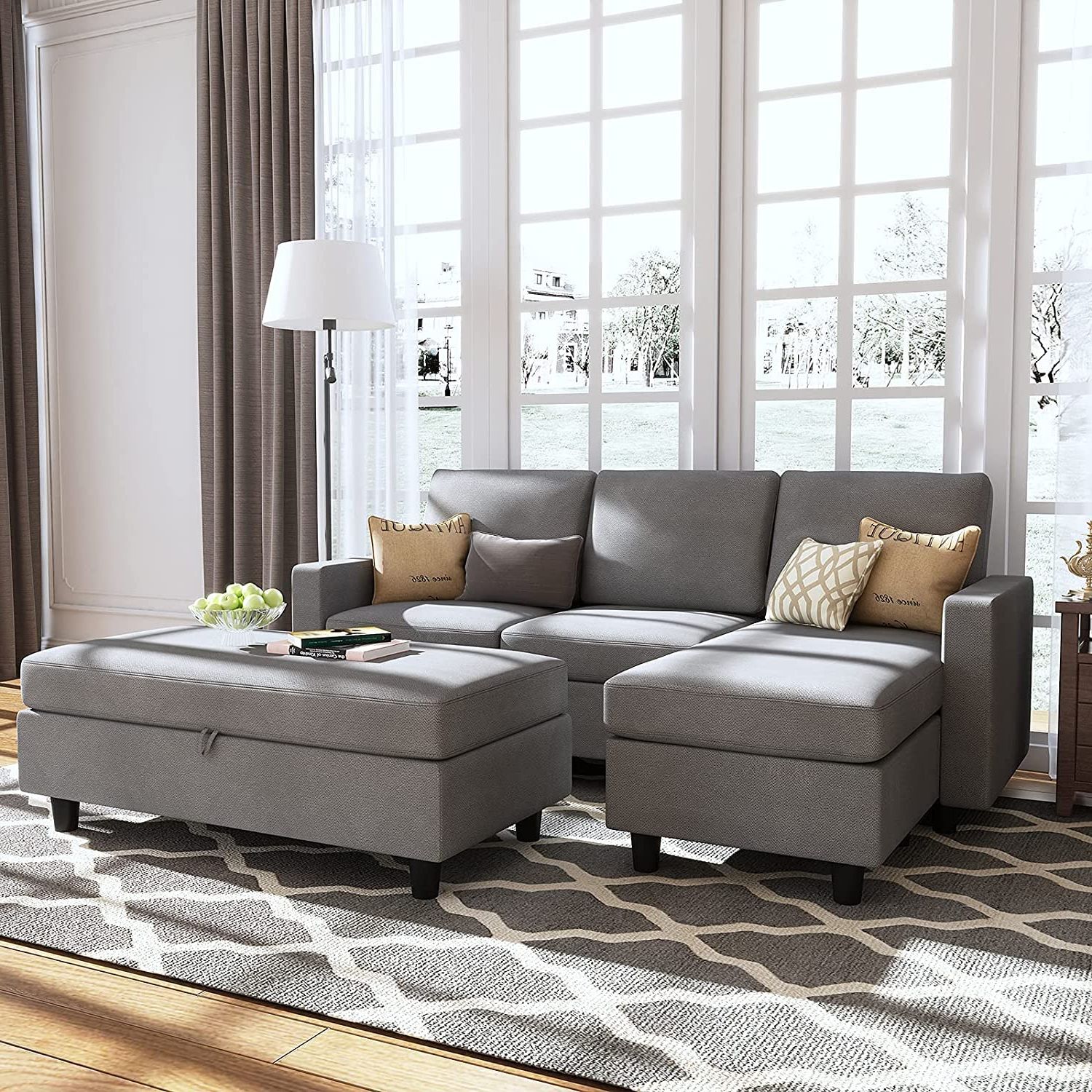 Popular Honbay Grey Sectional Couch With Ottoman, Convertible L Shaped Chaise Inside Convertible L Shaped Sectional Sofas (View 12 of 15)