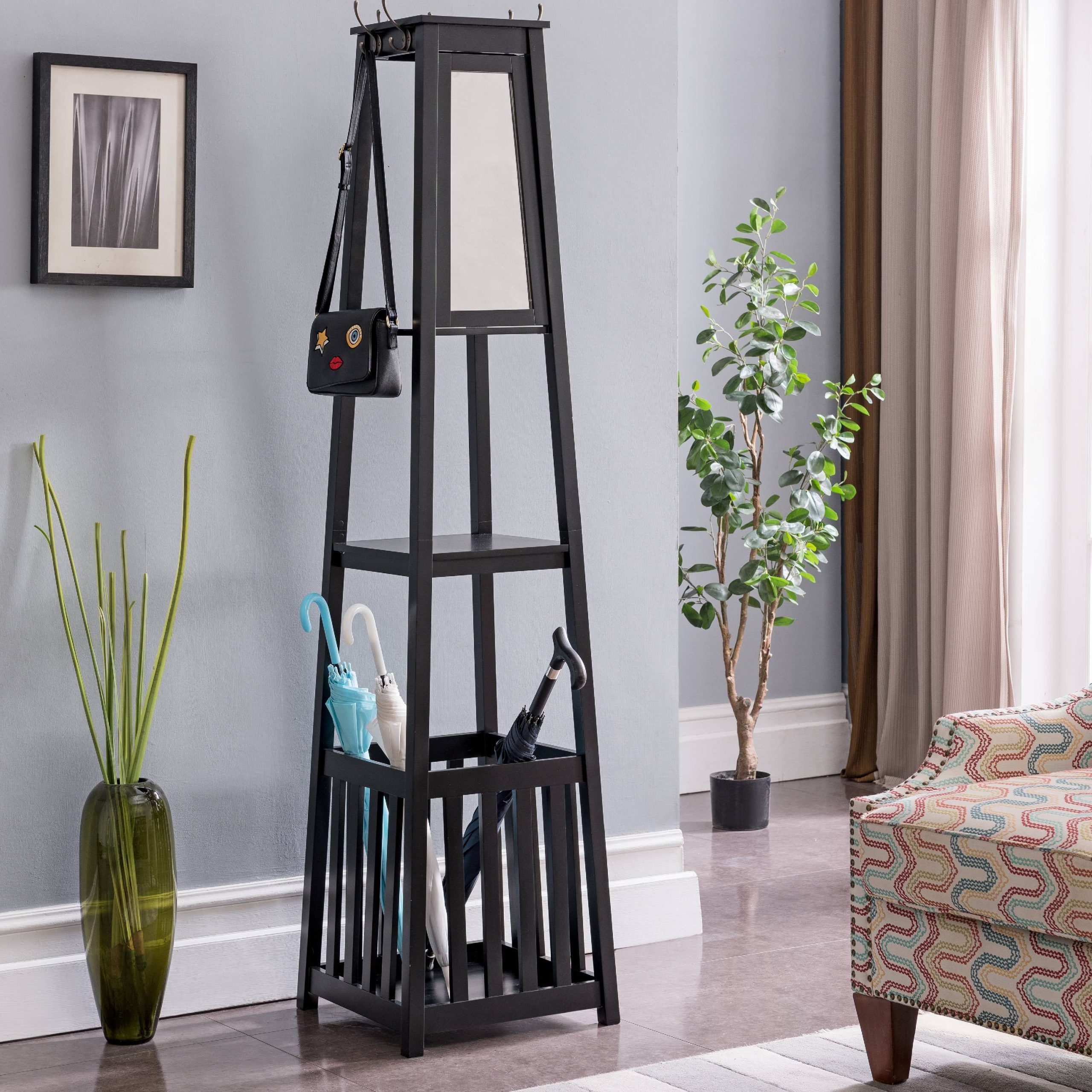 Popular Kendall Black Wood Contemporary Entryway Hall Tree Coat Rack Stand With Regarding Modern Stands With Shelves (View 13 of 15)