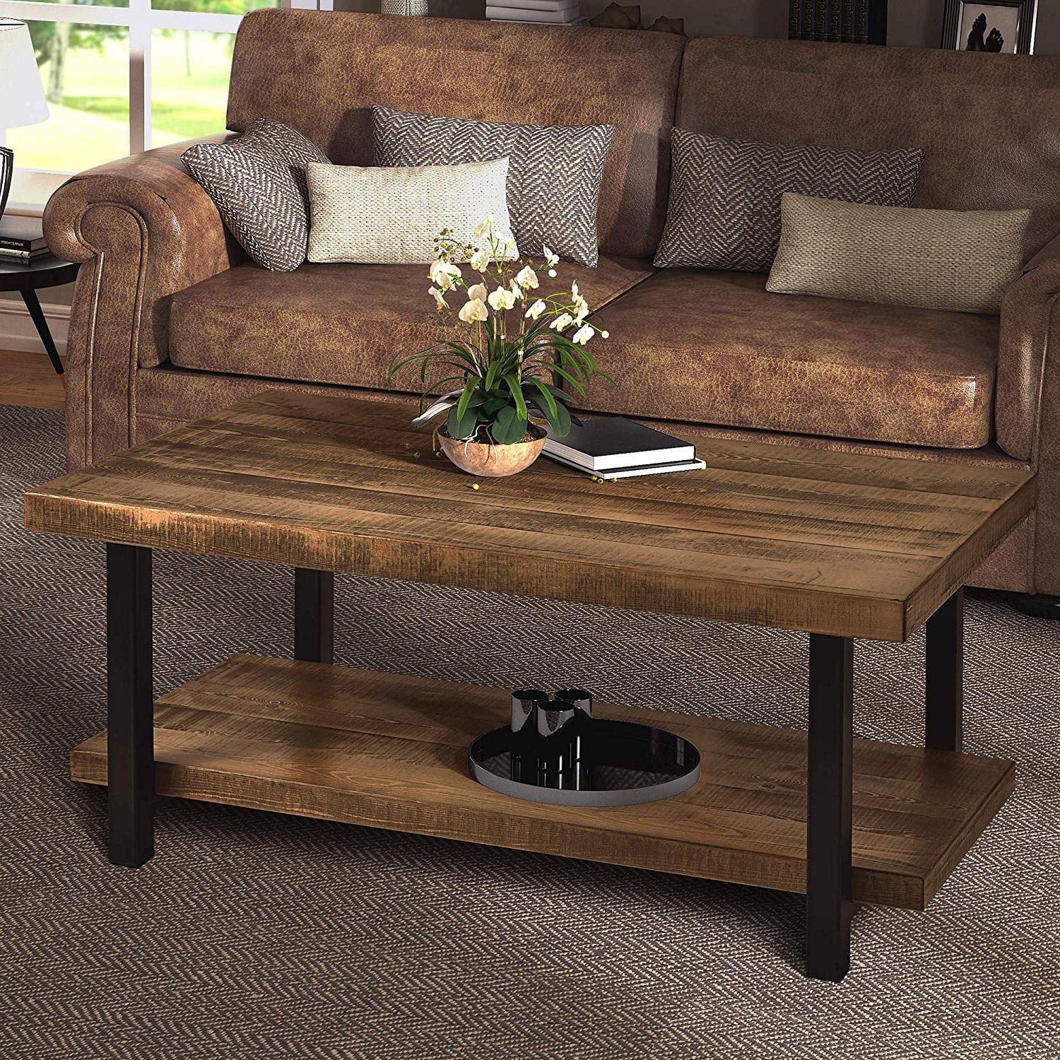 Popular Rustic Coffee Tables Pertaining To Harper&bright Designs Industrial Rectangular Pine Wood Coffee Table (View 8 of 15)