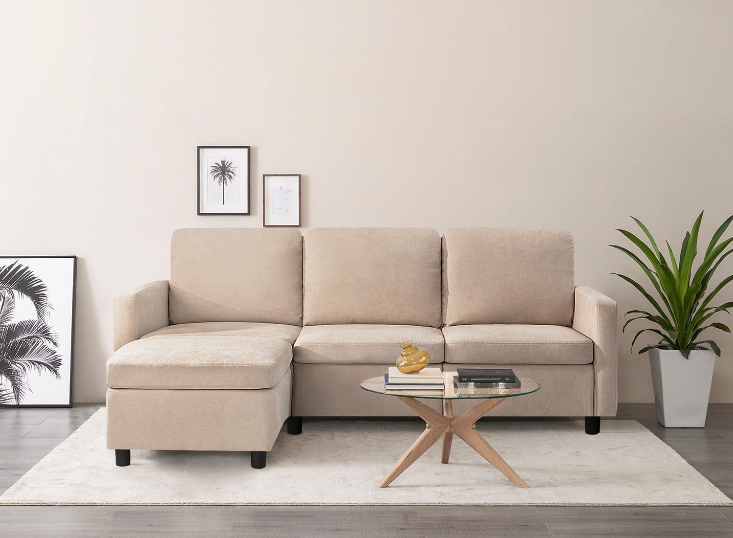 Popular Small L Shaped Sectional Sofas In Beige With Regard To Vineego Linen Fabric L Shape Sofa Sectional Couch For Living Room (View 4 of 15)